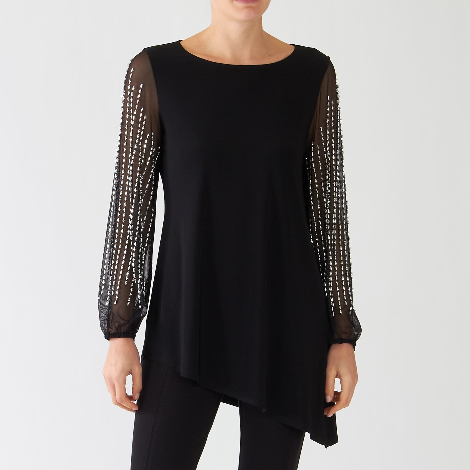 Black Tunic With Beaded Sheer Sleeves