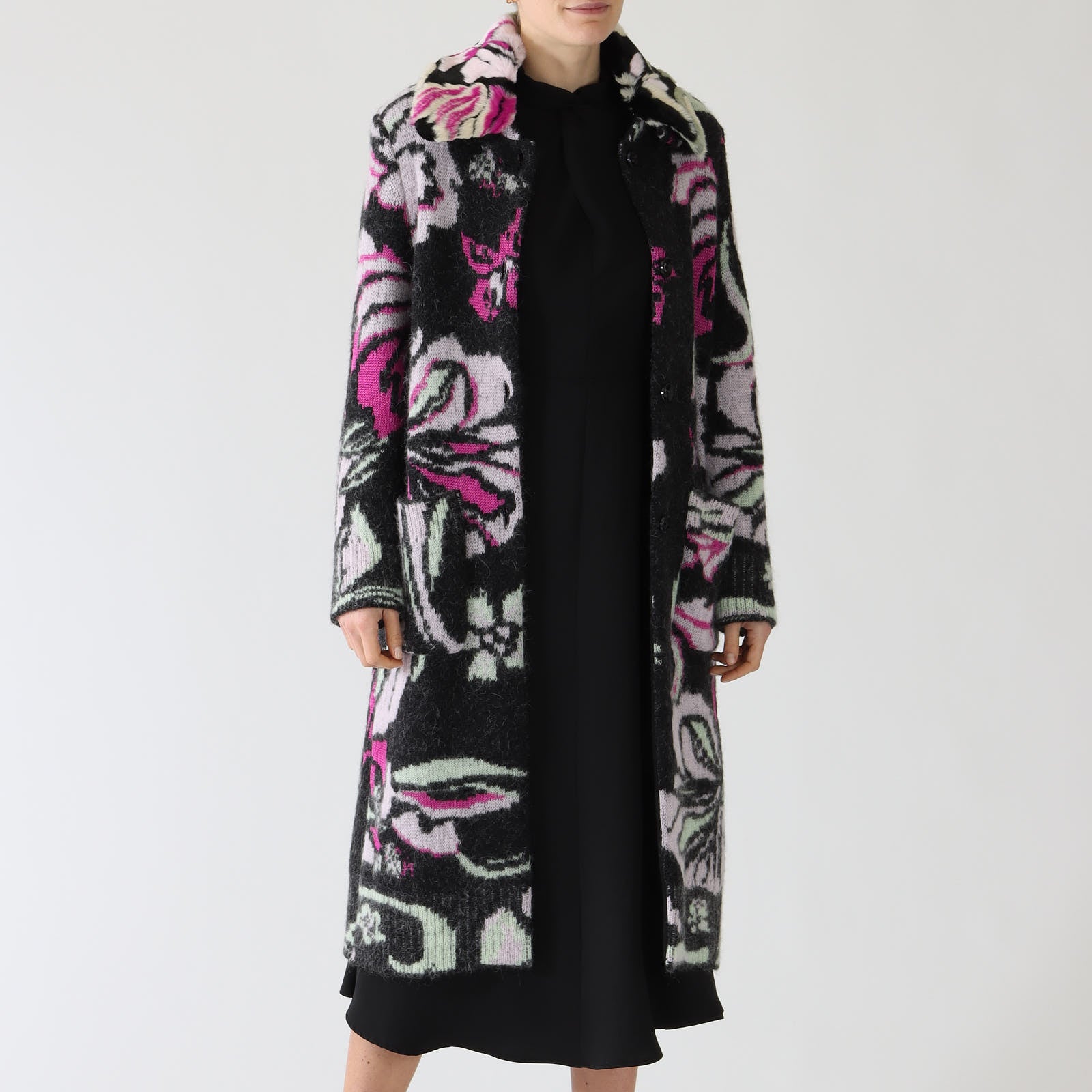 Black Twine Patterned Wool Blend Coat