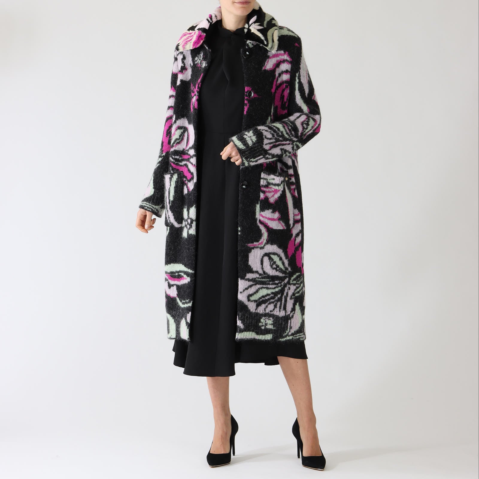 Black Twine Patterned Wool Blend Coat