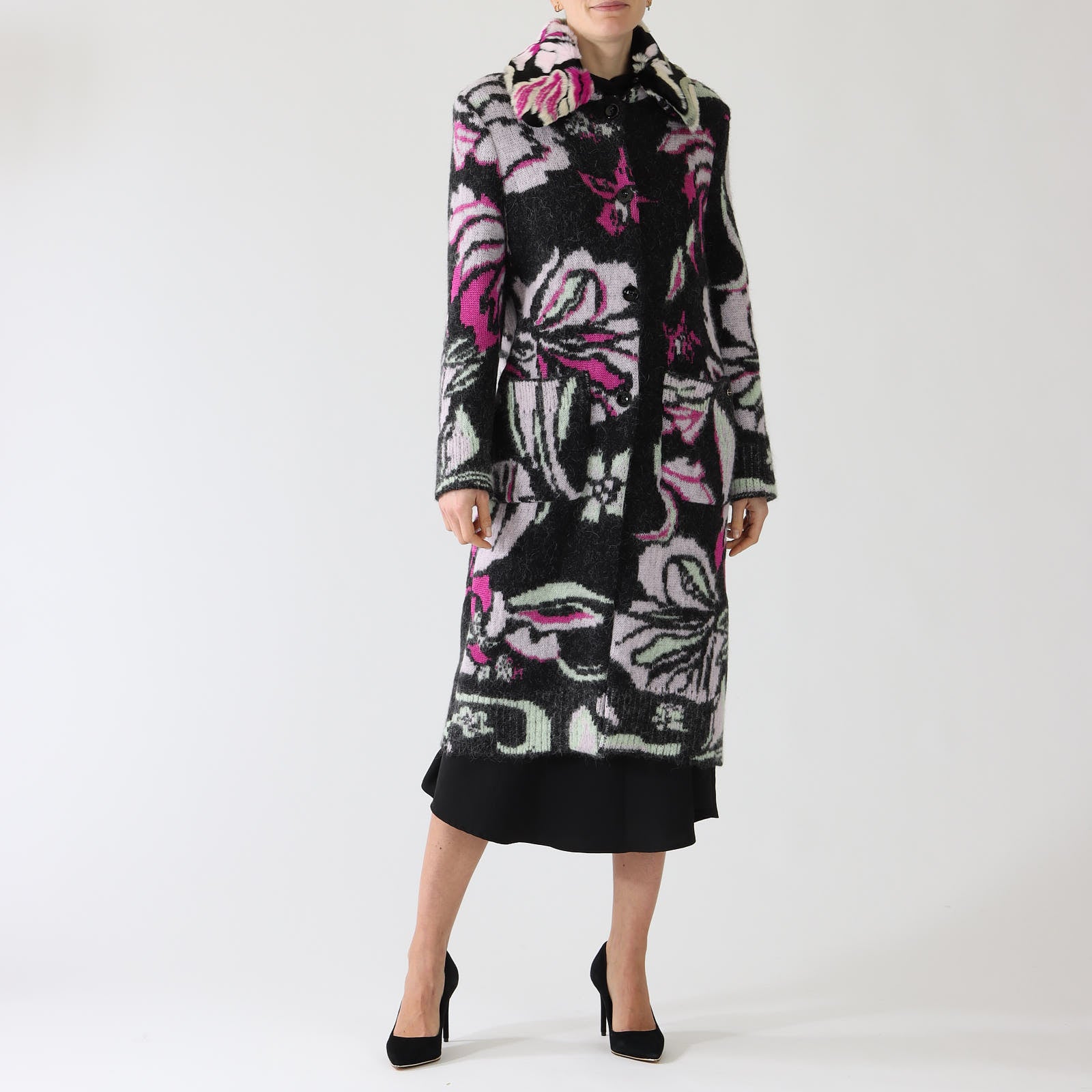 Black Twine Patterned Wool Blend Coat