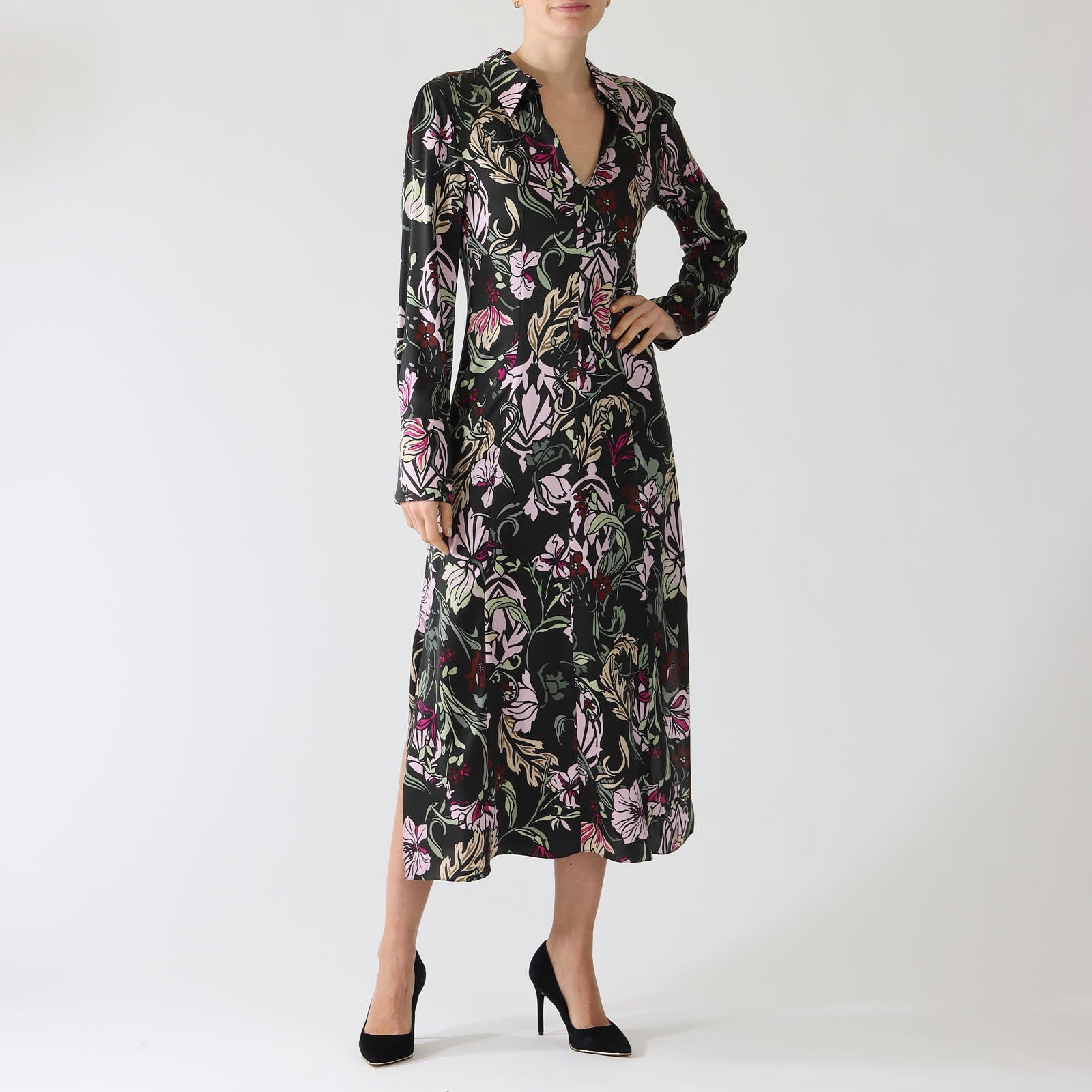 Black Twine Print Midi Shirt Dress