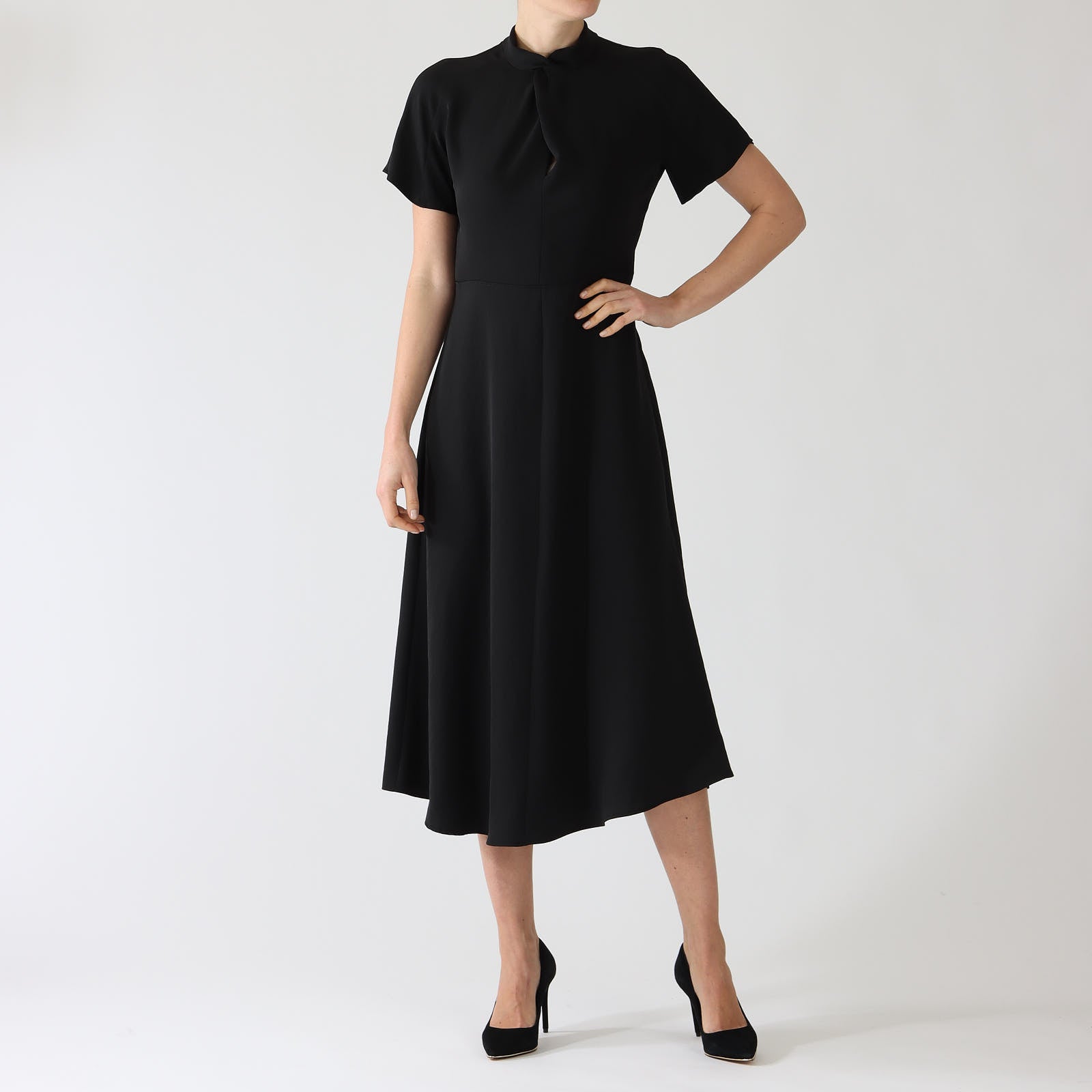 Black Twist Neck A-Line Midi Dress