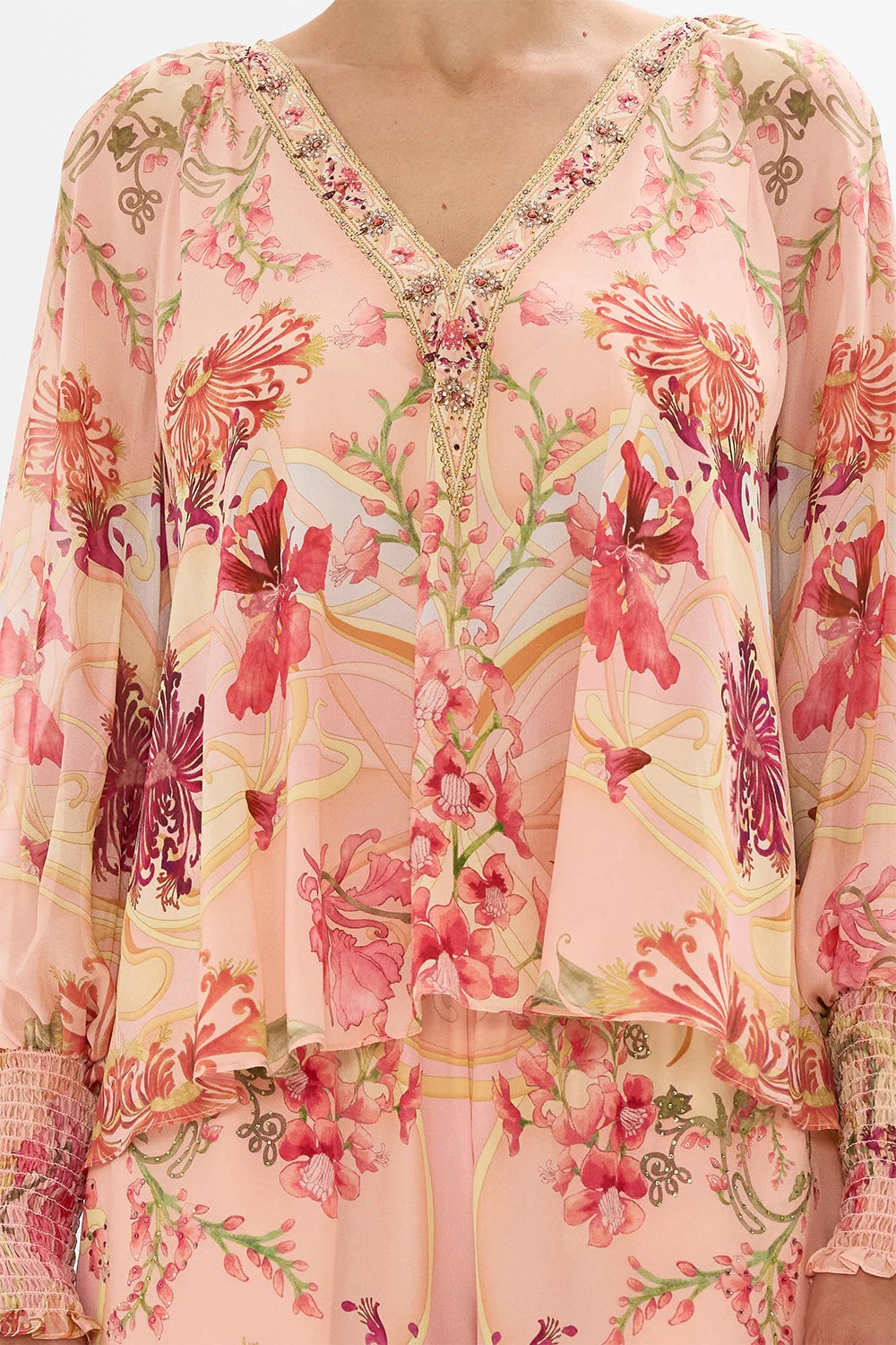 Blossom And Brushstrokes Shirred Cuff Blouse