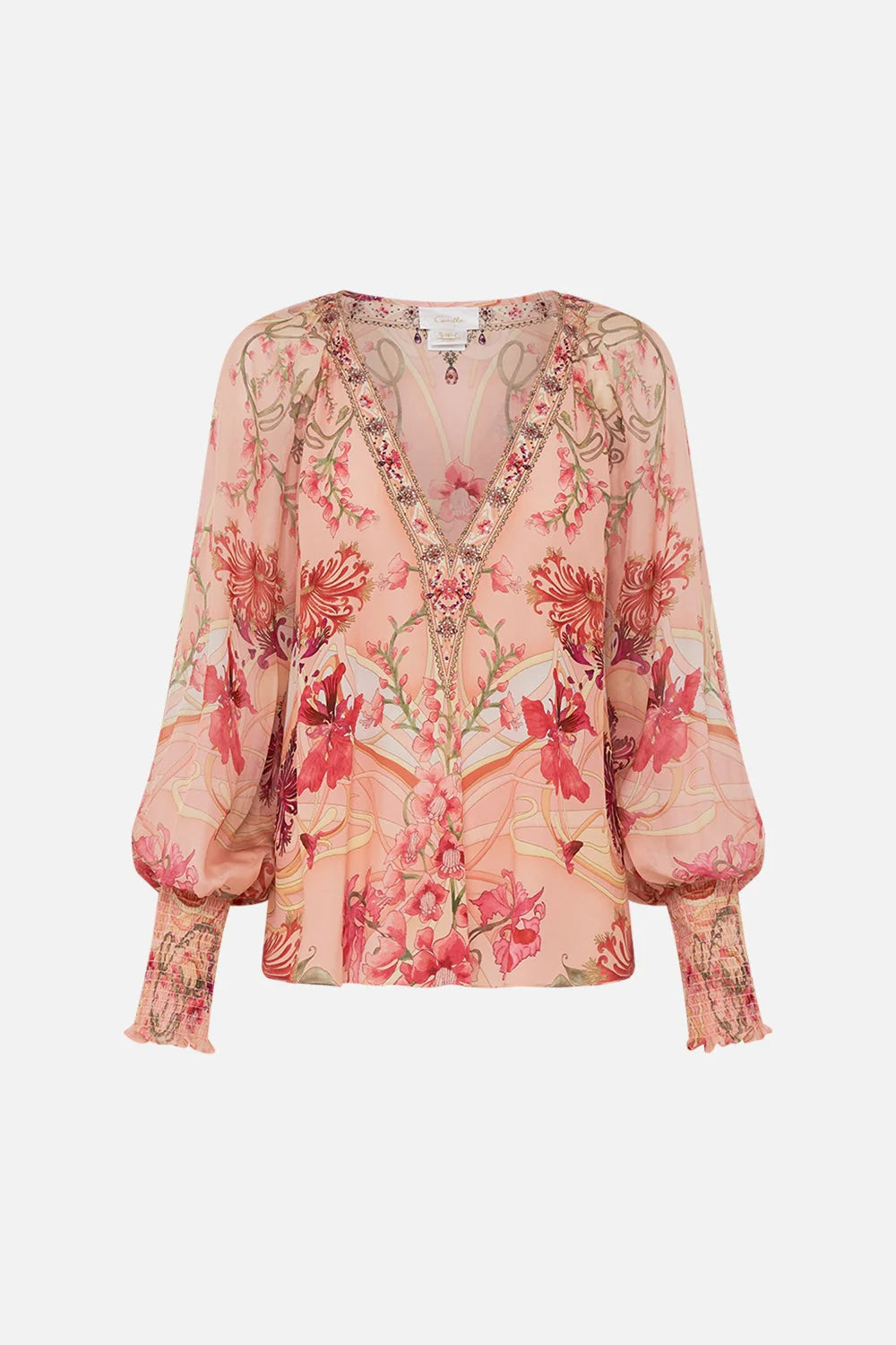 Blossom And Brushstrokes Shirred Cuff Blouse