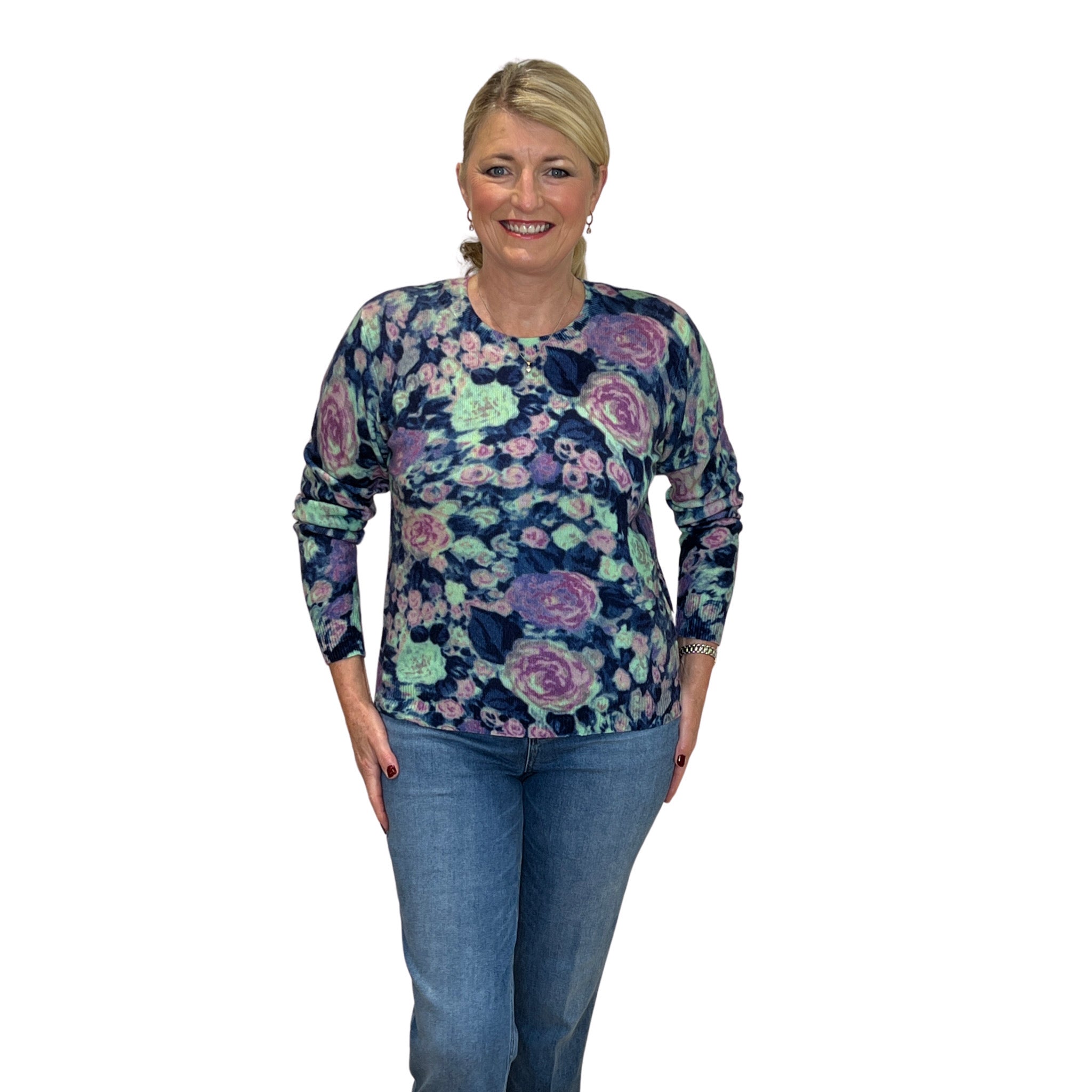 Blue Combo Floral Print Cashmere Sweater