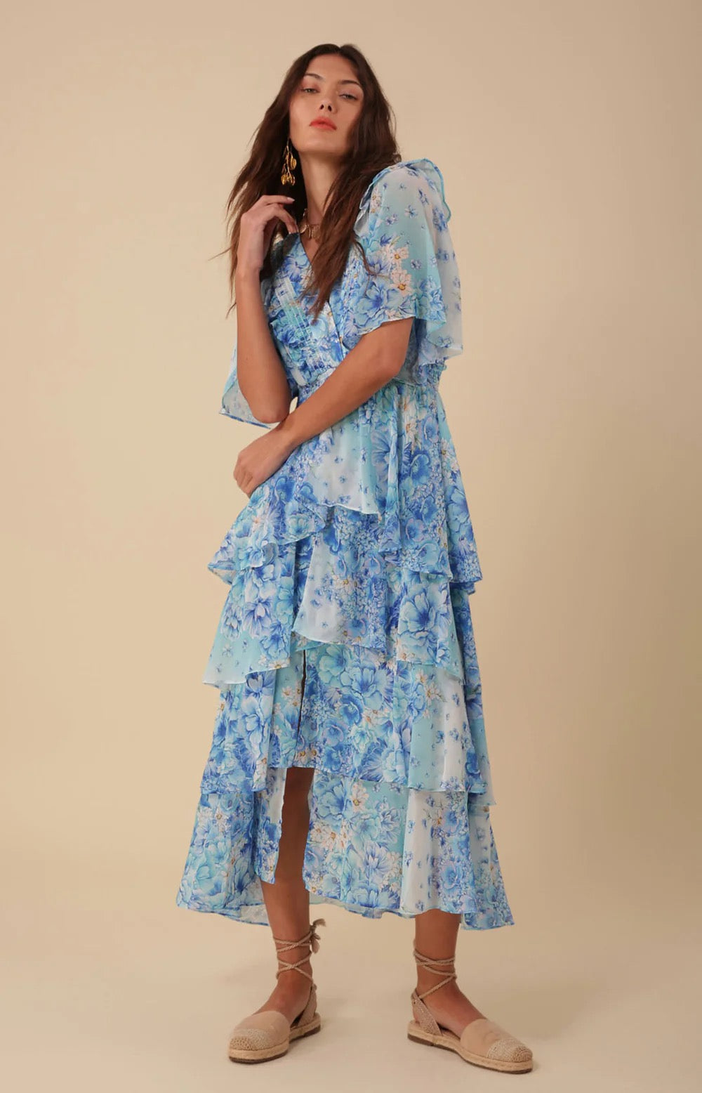 Blue Freya Floral Print Tiered Midi Dress