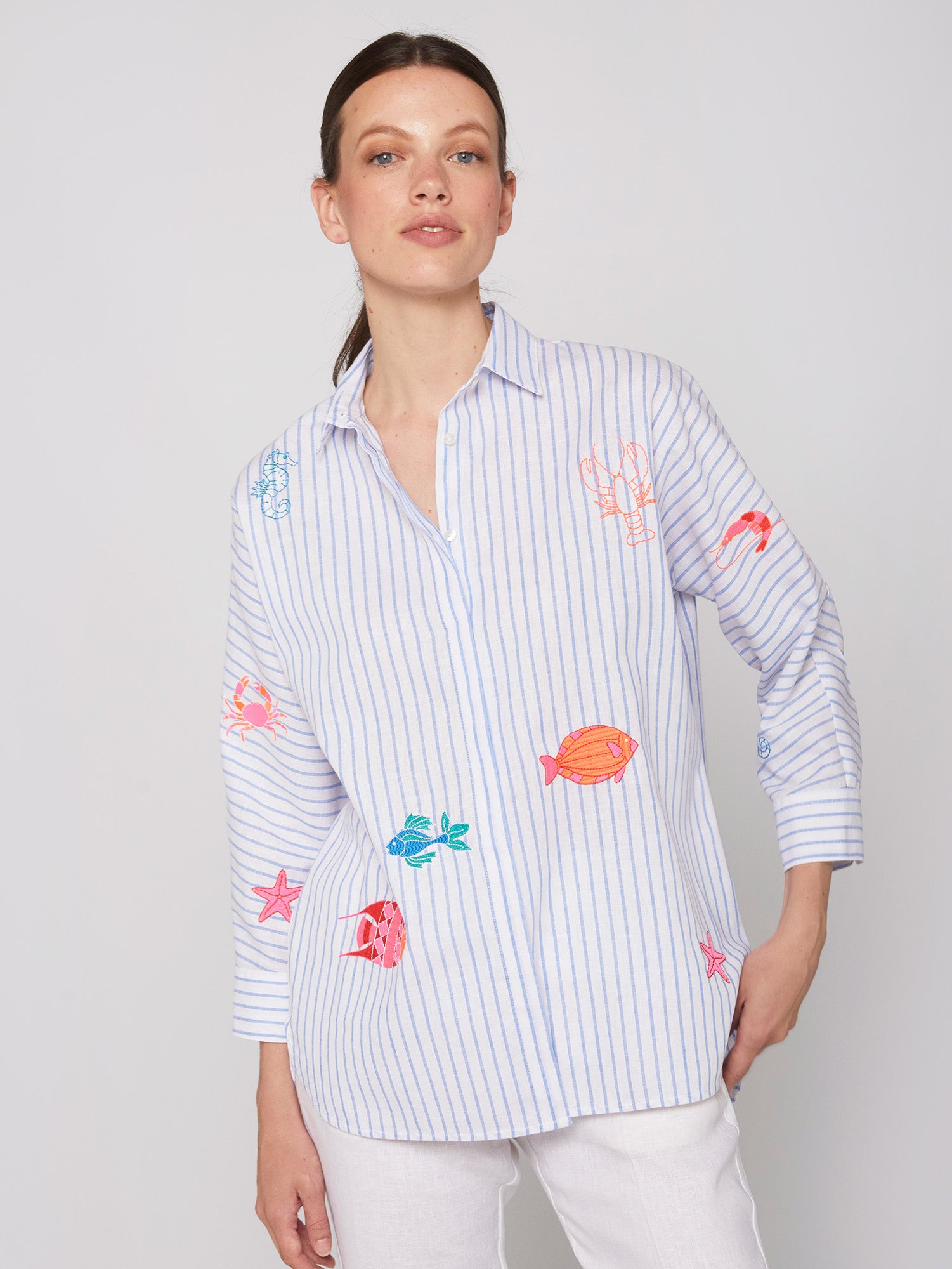 Blue Louisa Stripe Shirt With Embroidered Sea Life