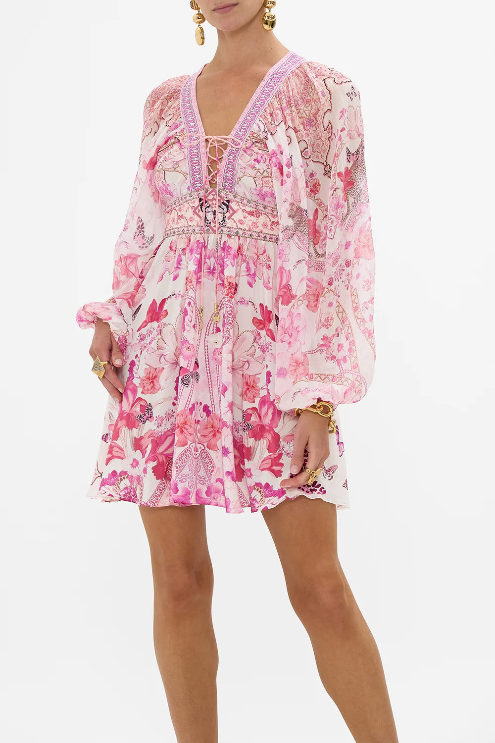 Botanical Novella Lace Up Front Mini Dress