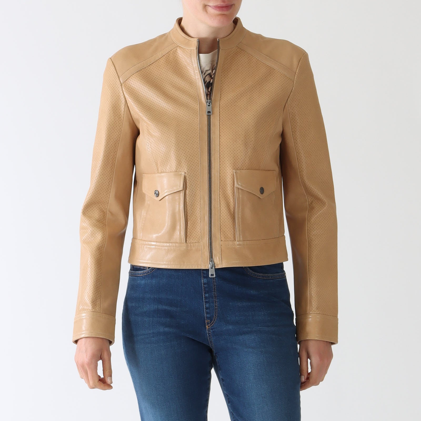 Bright Camel Leather Zip Jacket