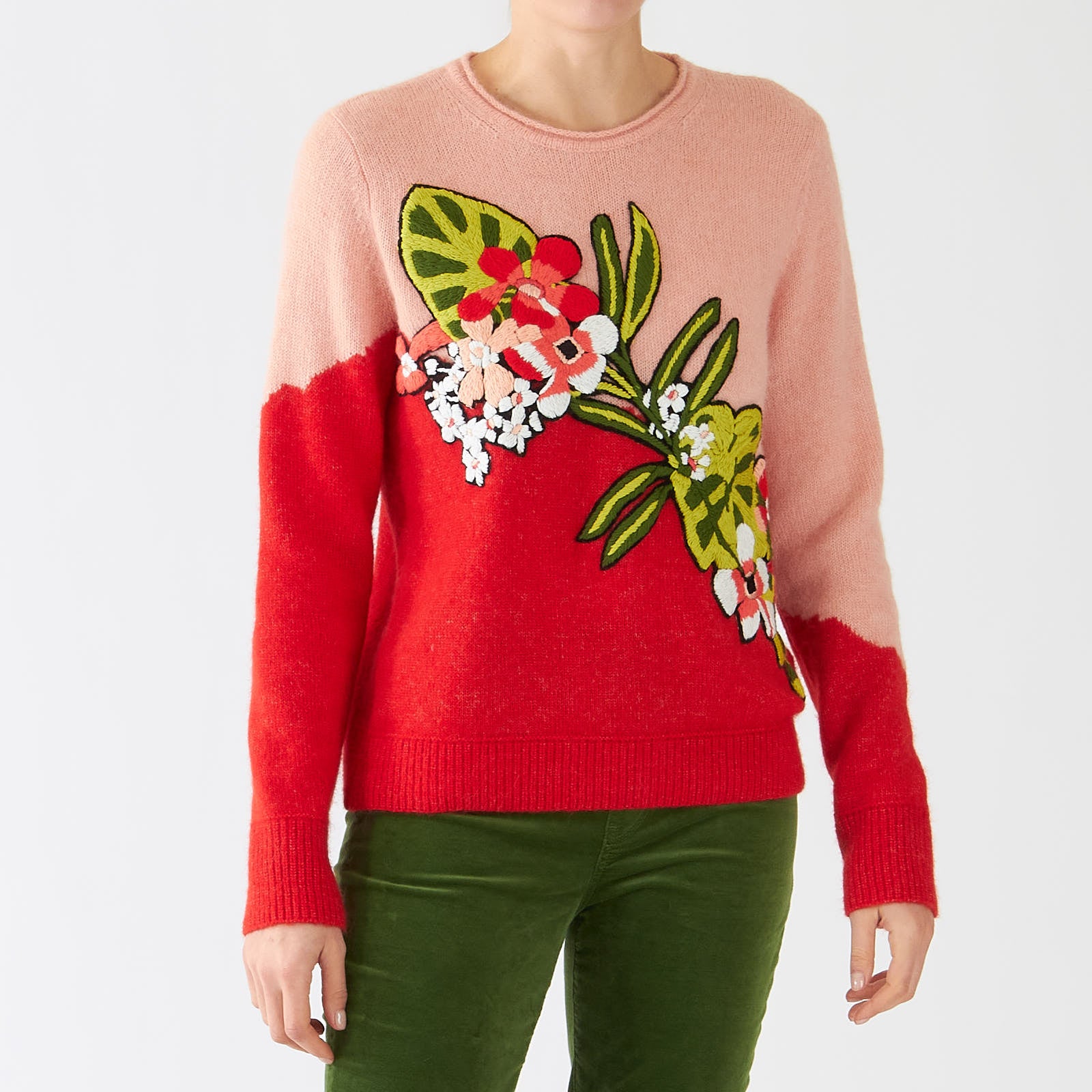 Bright Fire Red Floral Embroidered Sweater