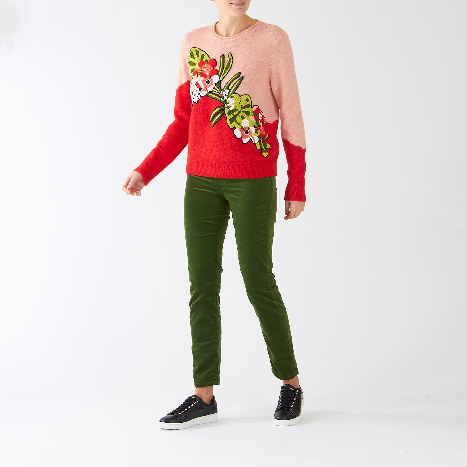 Bright Fire Red Floral Embroidered Sweater
