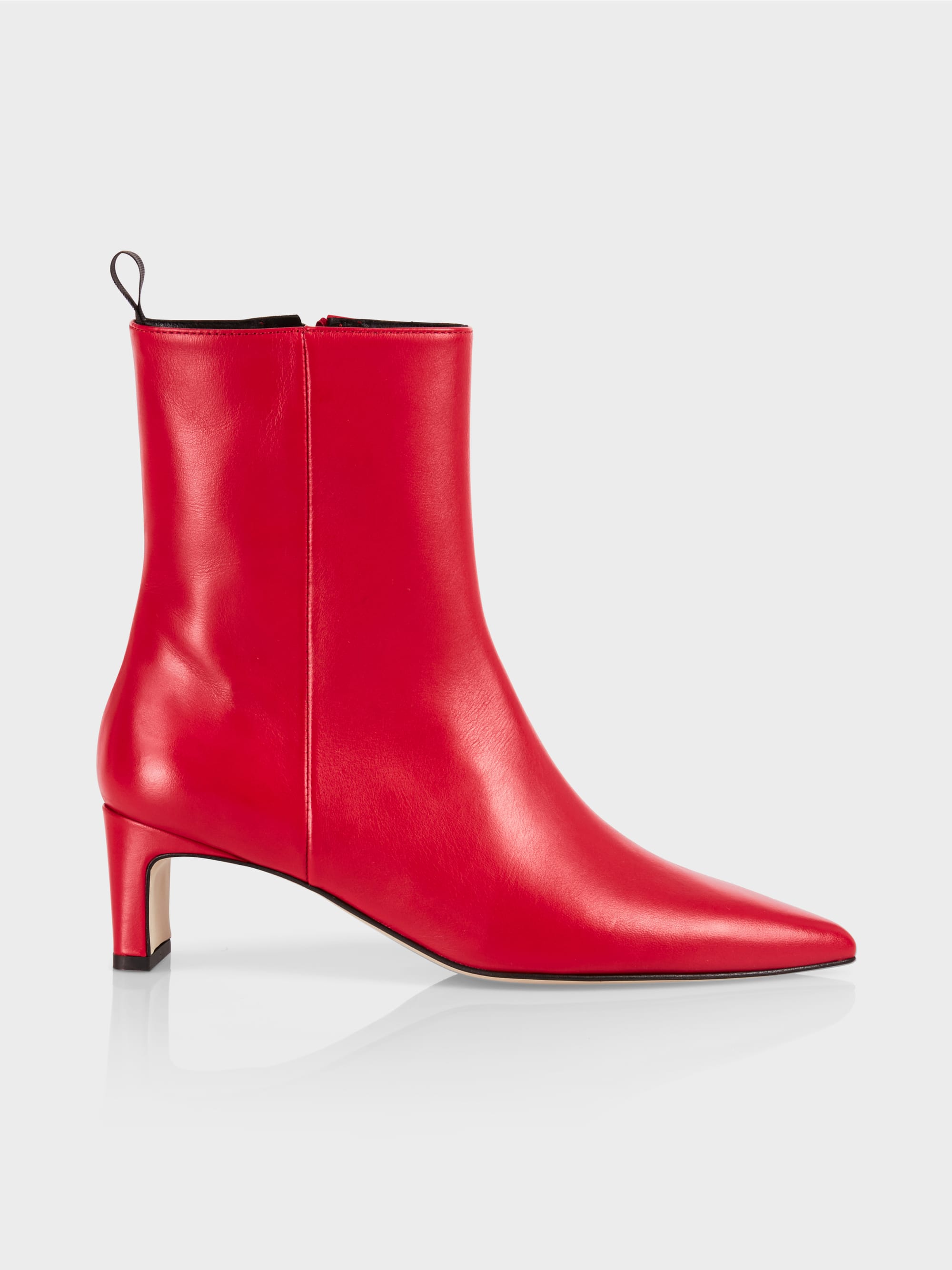 Bright Fire Red Pointed Leather Heeled Boots