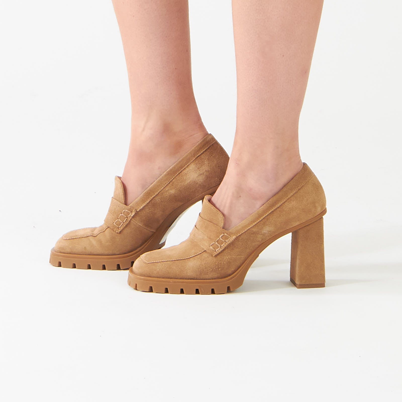 Bright Toffee Suede Block Heeled Loafers