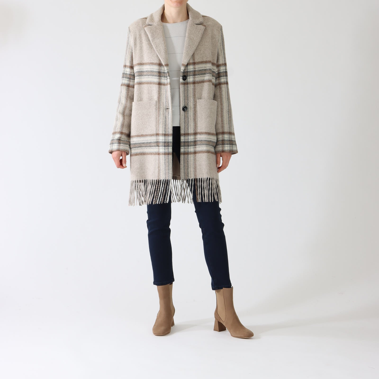 Brown, Beige & Grey Check Wool Coat