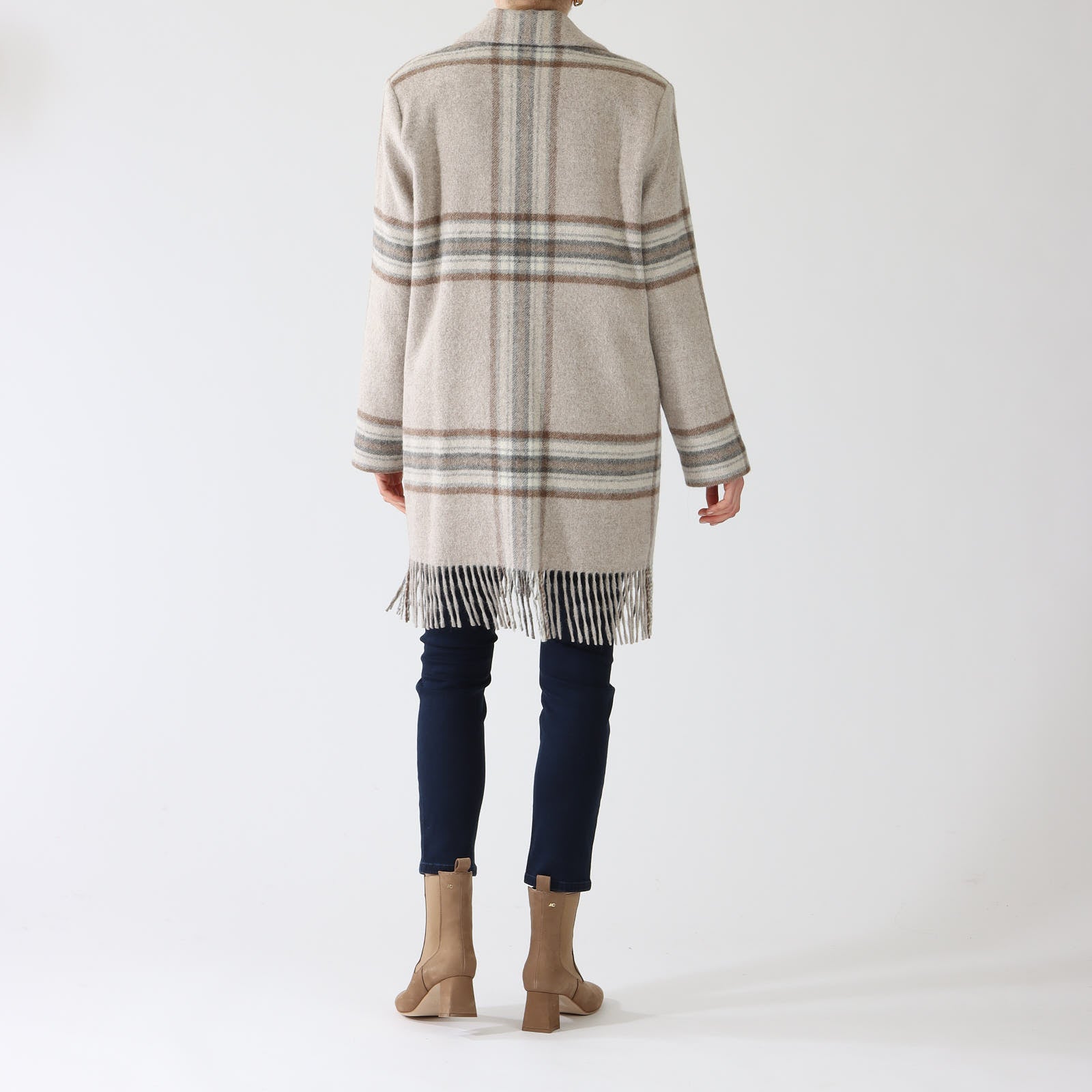 Brown, Beige & Grey Check Wool Coat