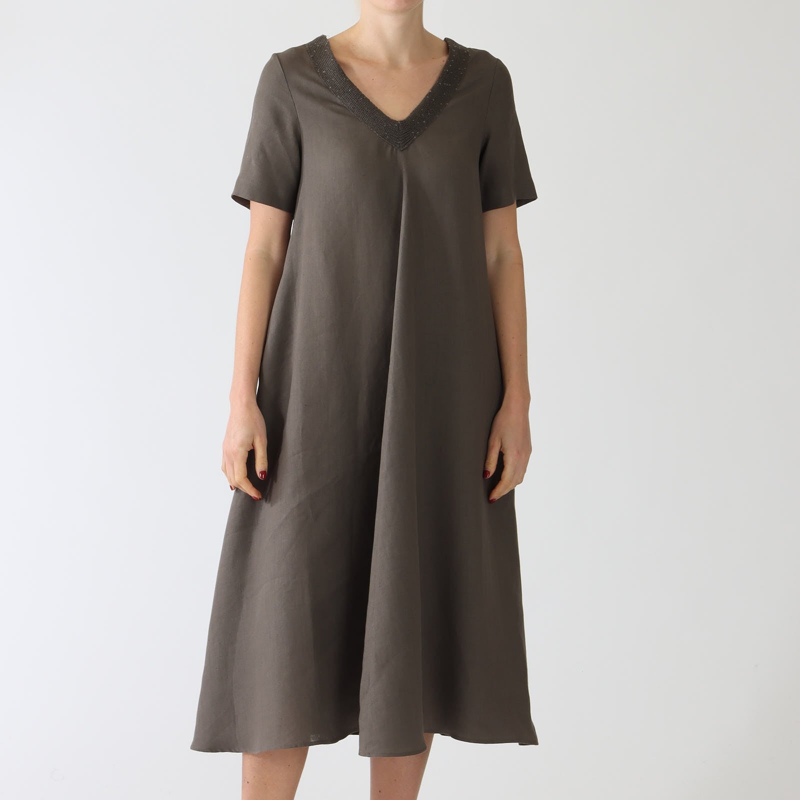 Brown Linen Swing Midi Dress