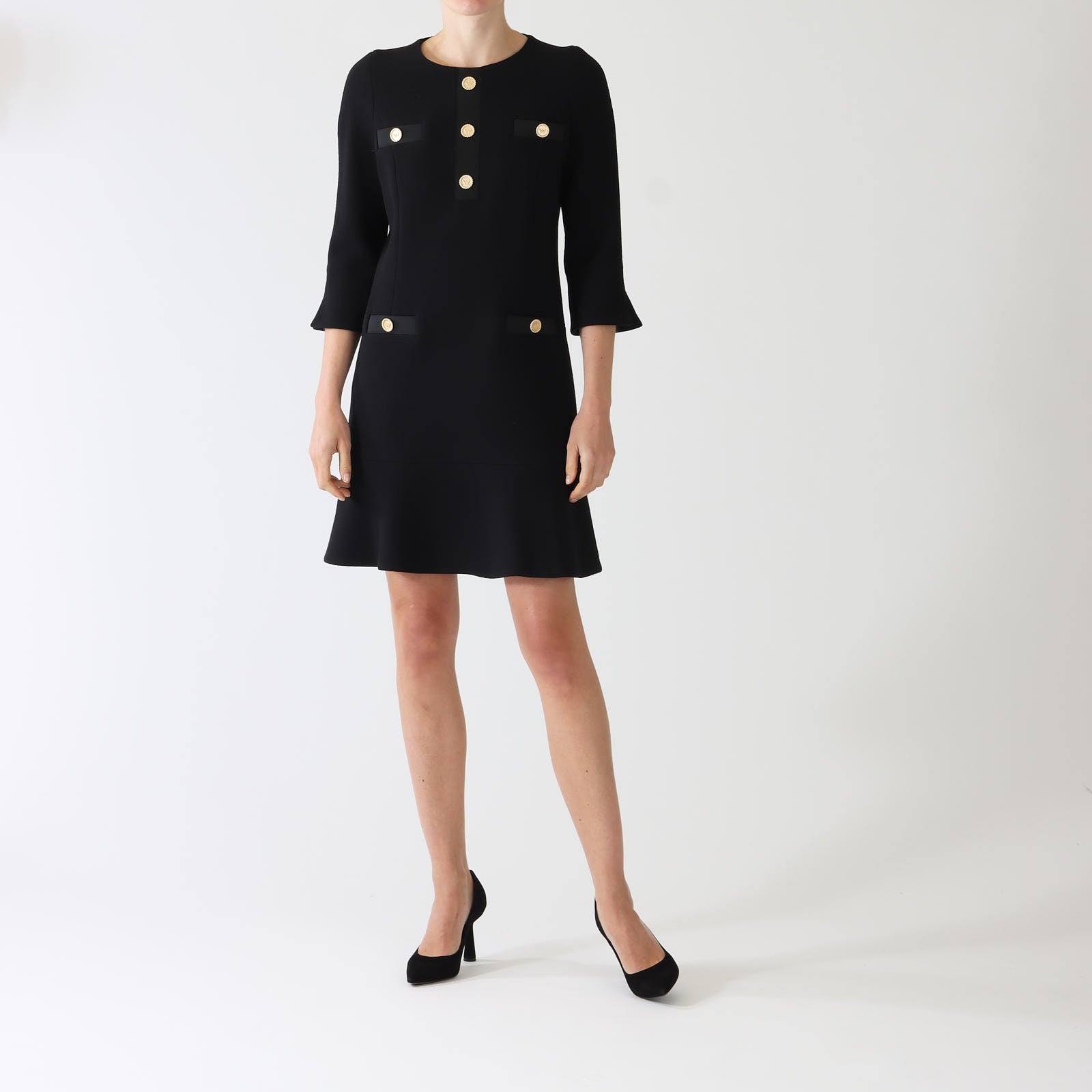 Carlen Noir Pure Wool Dress With Fluted Hem