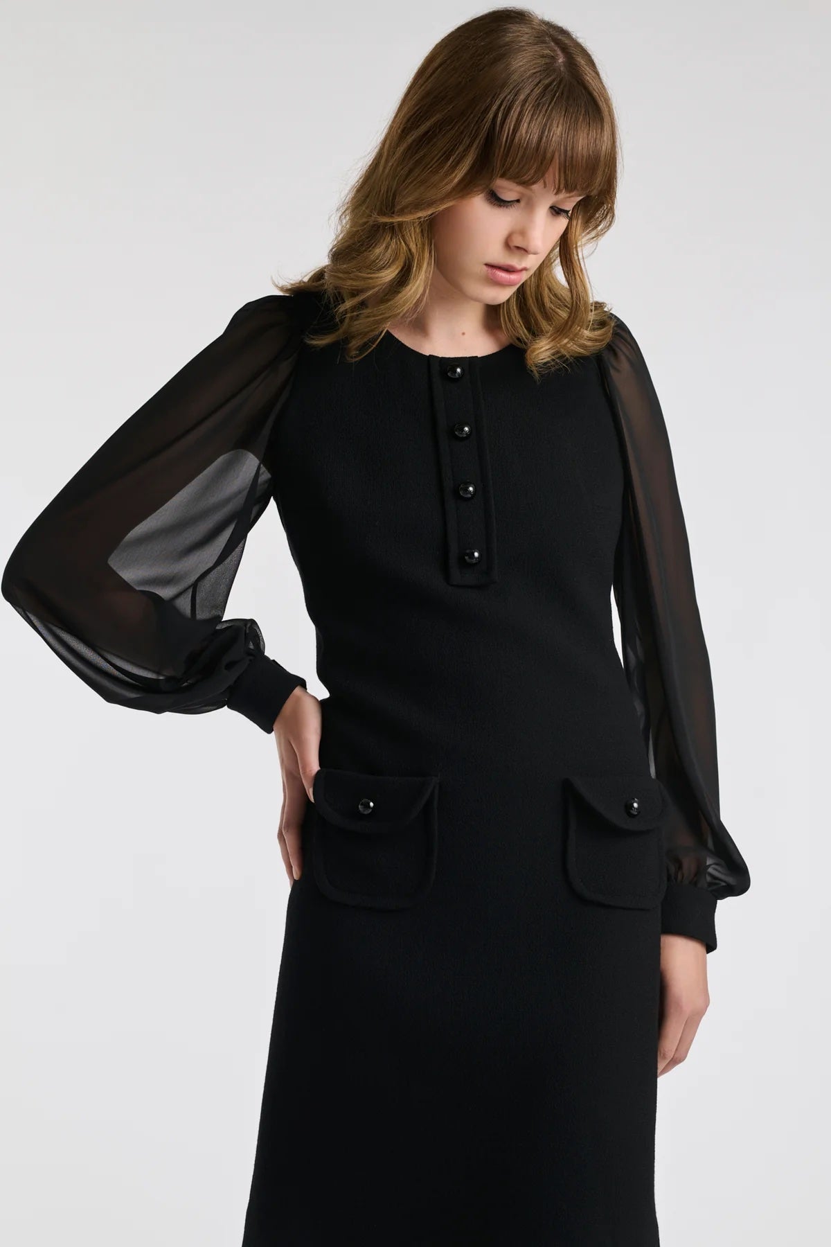 Carlen Noir Wool Crepe Dress With Voile Sleeves