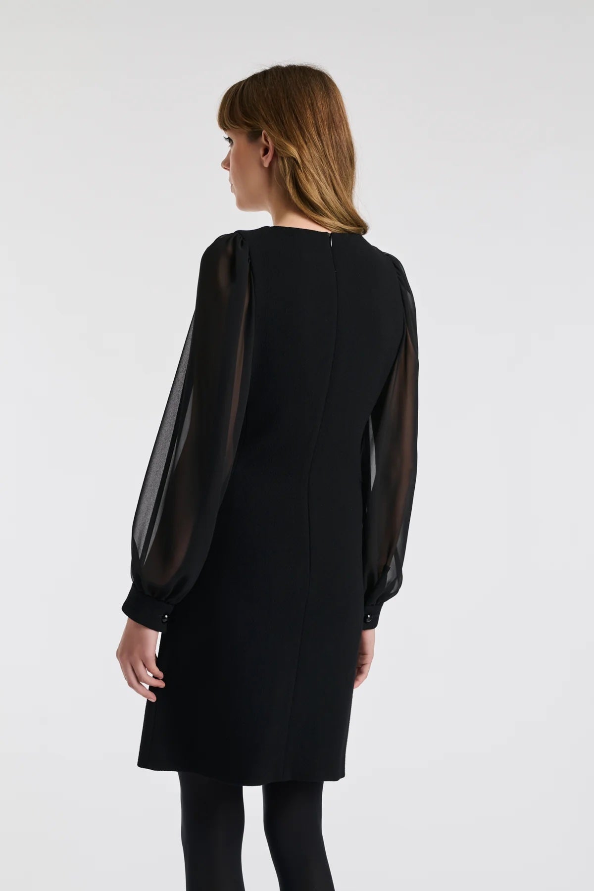 Carlen Noir Wool Crepe Dress With Voile Sleeves