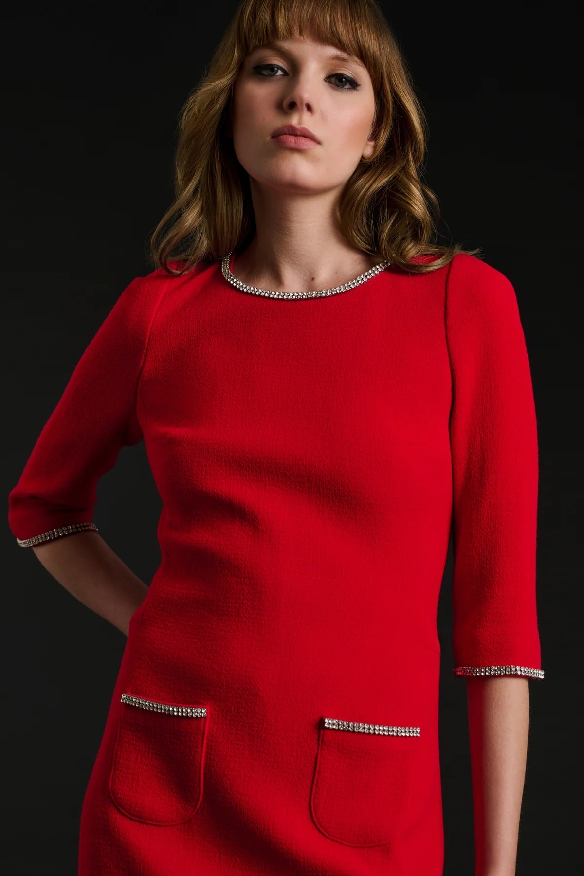 Carlen Rouge Rhinestone Wool Crepe Dress