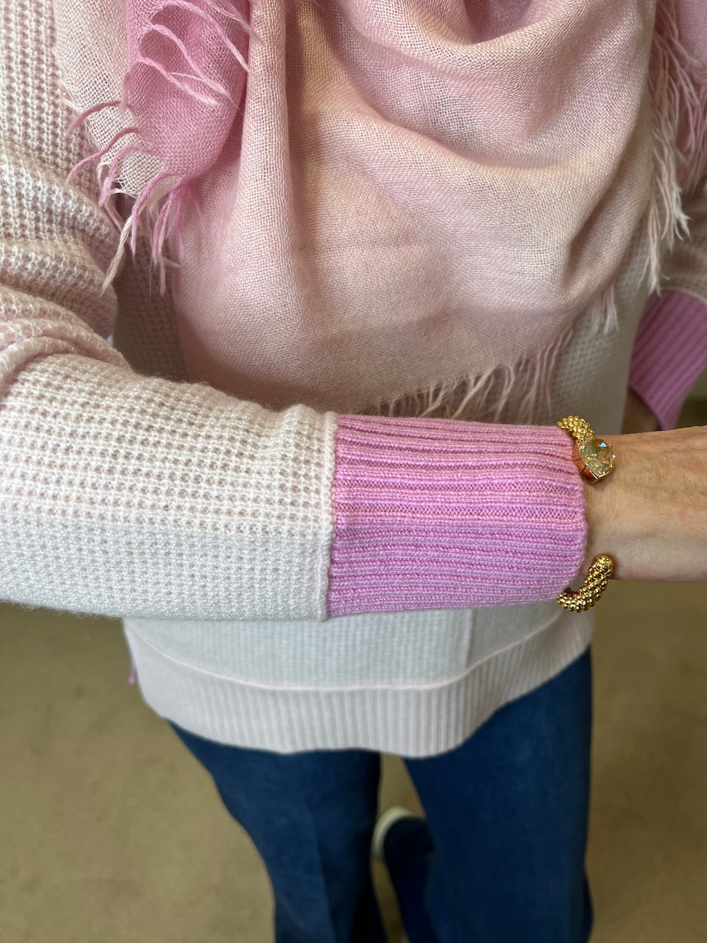 Chiffon Pink Contrast Trims Cashmere Sweater