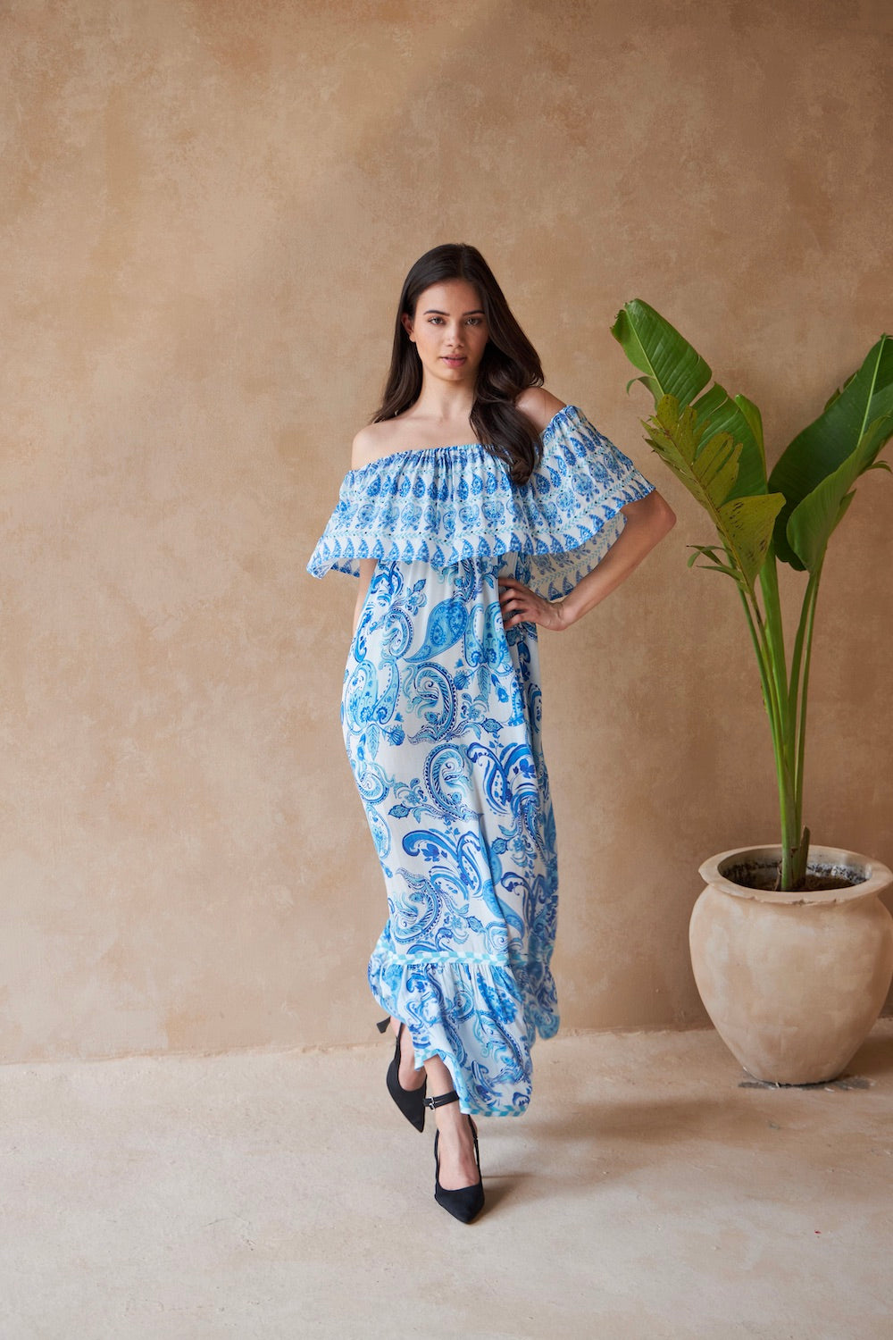 Paisley Azure Blossom Silk Maxi Dress