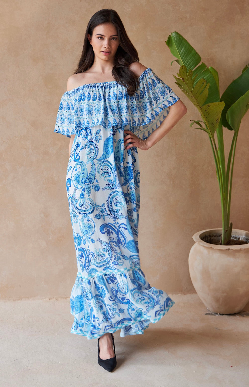 Paisley Azure Blossom Silk Maxi Dress