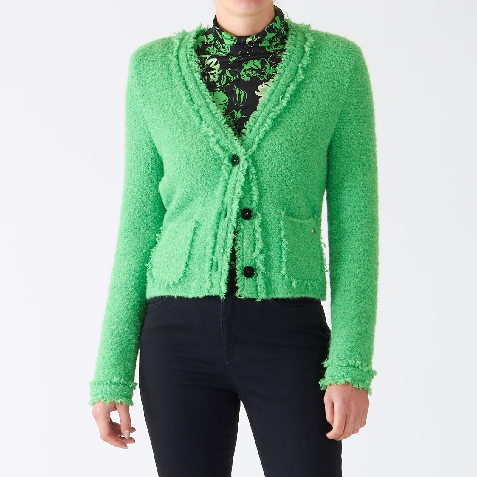 Dark Apple Green Boucle Knit Cardigan
