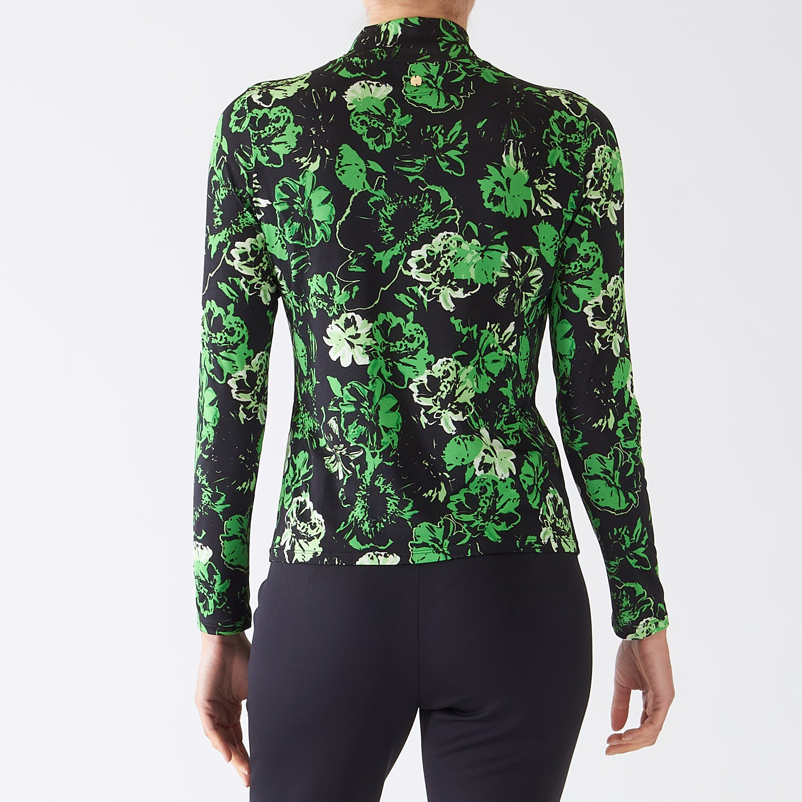 Dark Apple Green Floral Fitted Polo Neck Top
