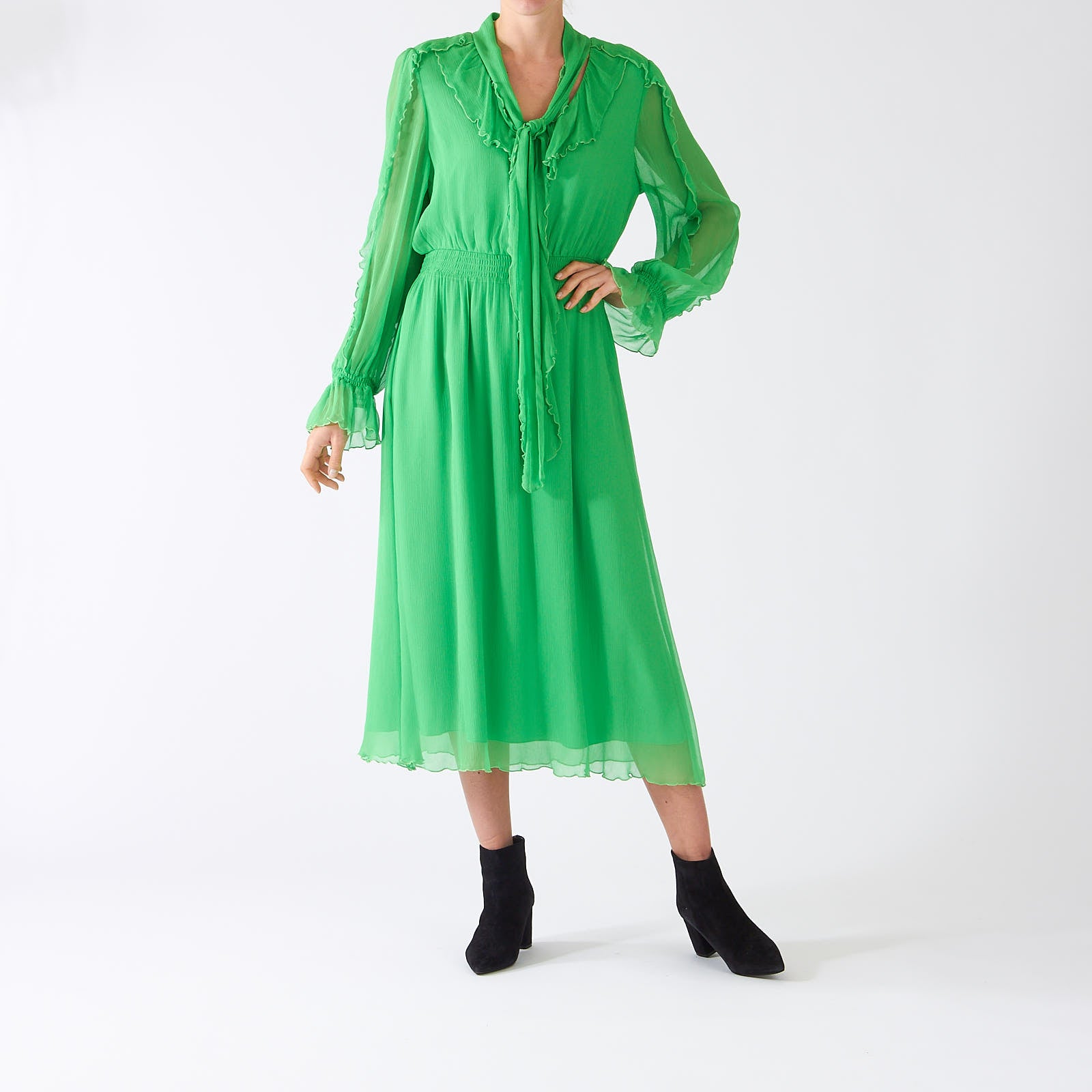 Dark Apple Green Frill Detail Midi Dress