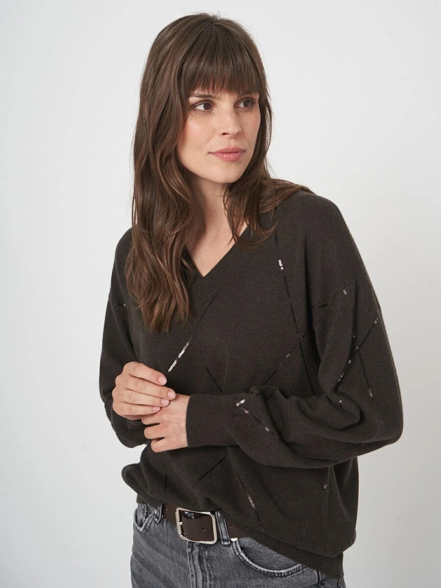 Dark Brown Sequin Diamond V-Neck Sweater