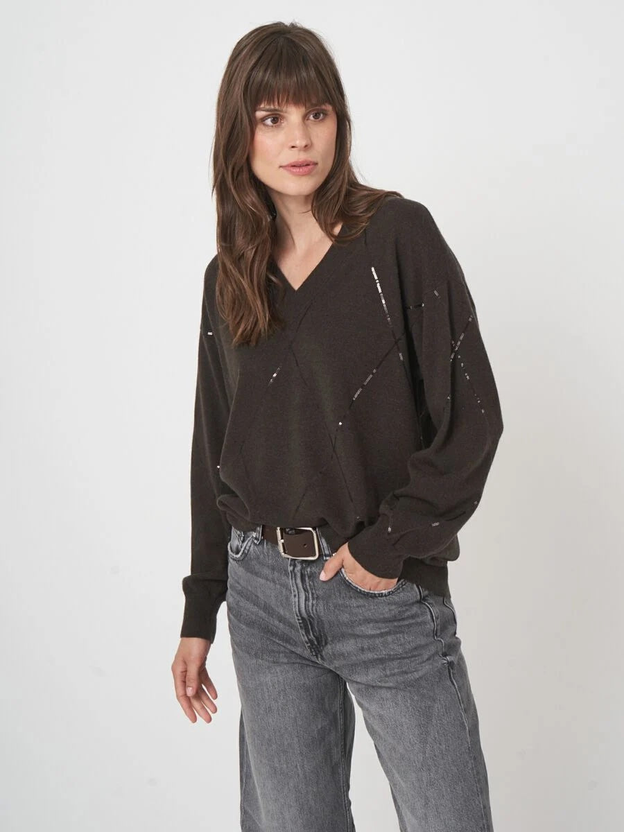 Dark Brown Sequin Diamond V-Neck Sweater