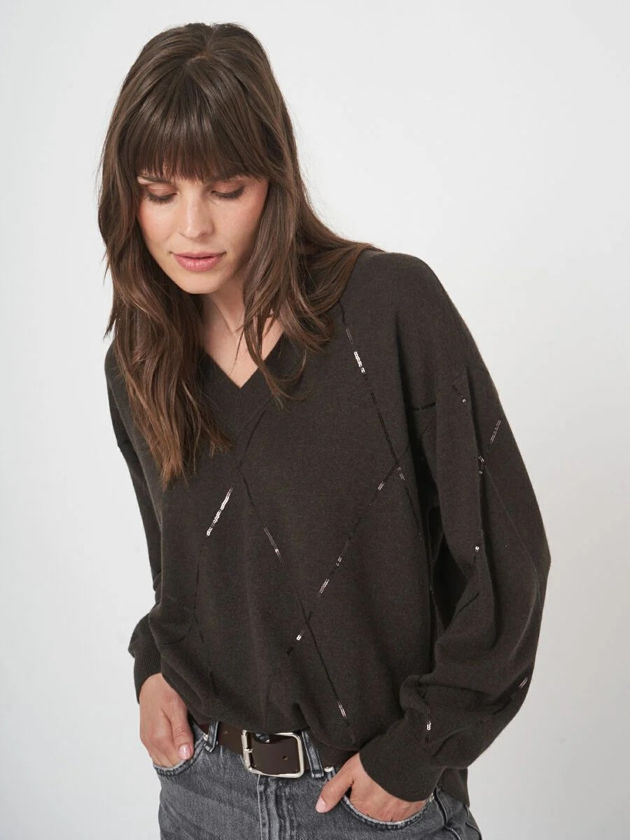 Dark Brown Sequin Diamond V-Neck Sweater