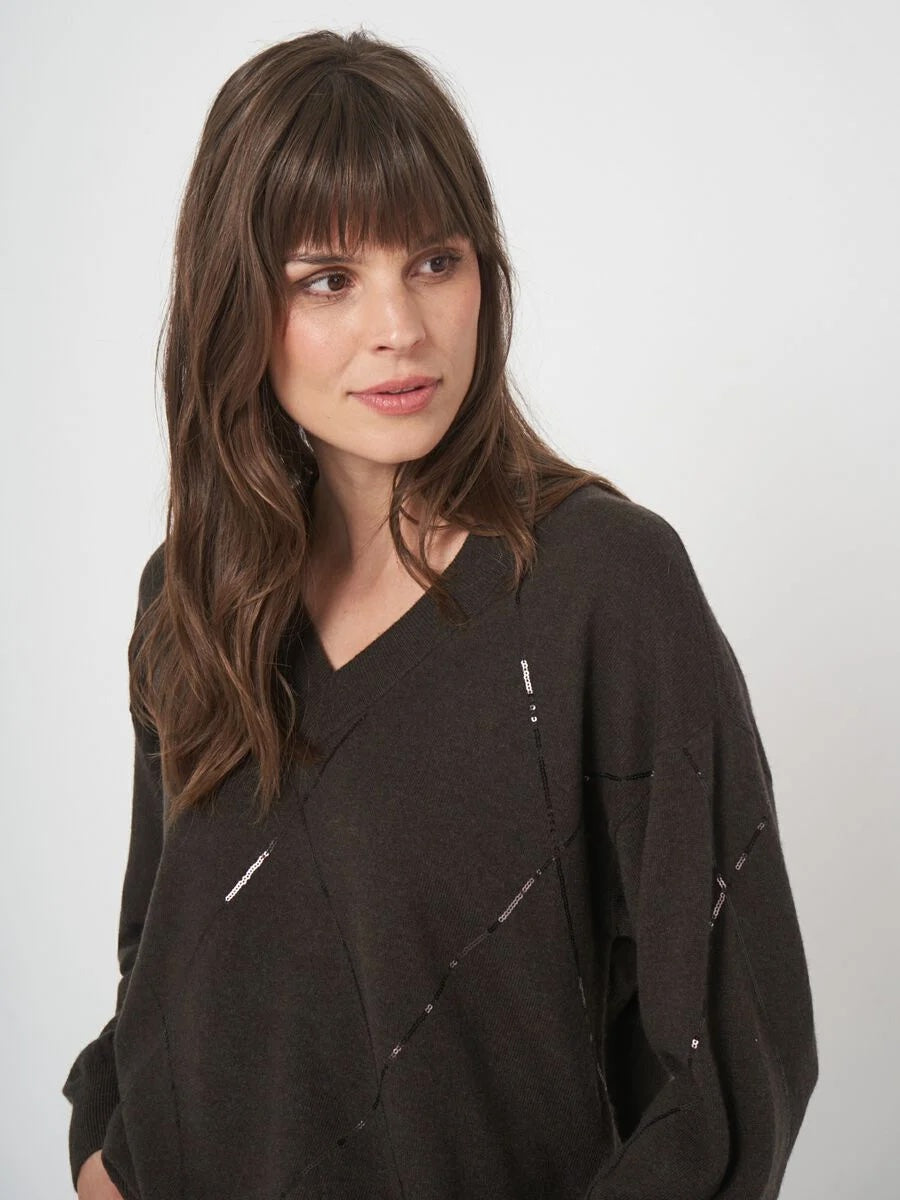 Dark Brown Sequin Diamond V-Neck Sweater
