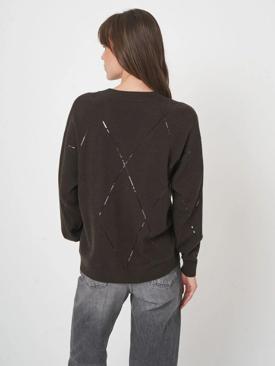 Dark Brown Sequin Diamond V-Neck Sweater