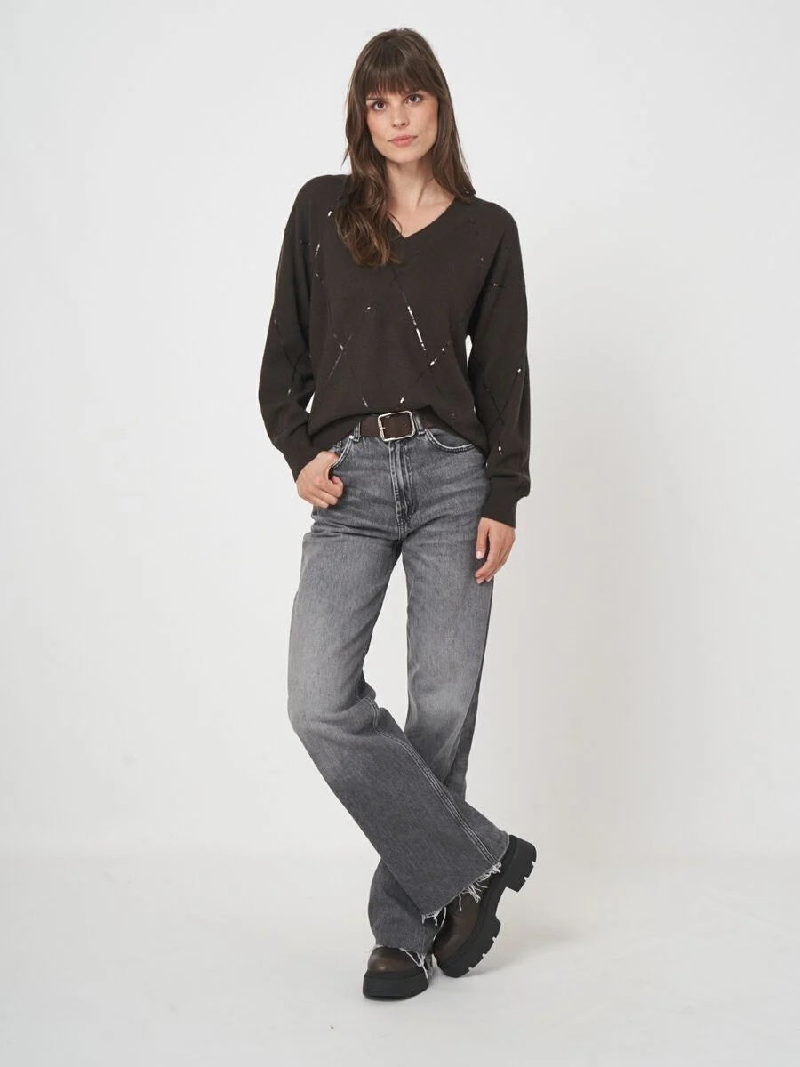 Dark Brown Sequin Diamond V-Neck Sweater