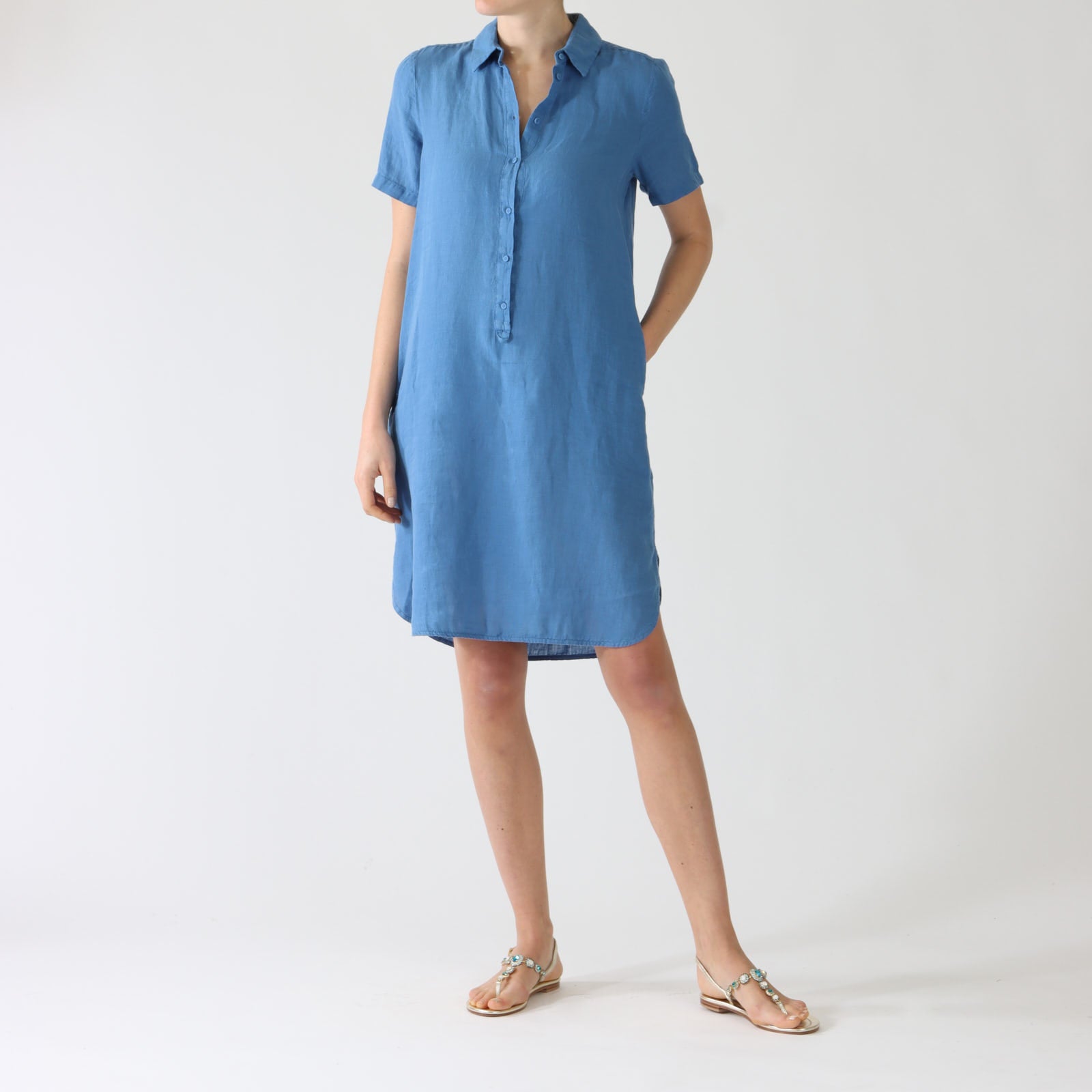 Delft Blue Short Sleeved Linen Shirt Dress