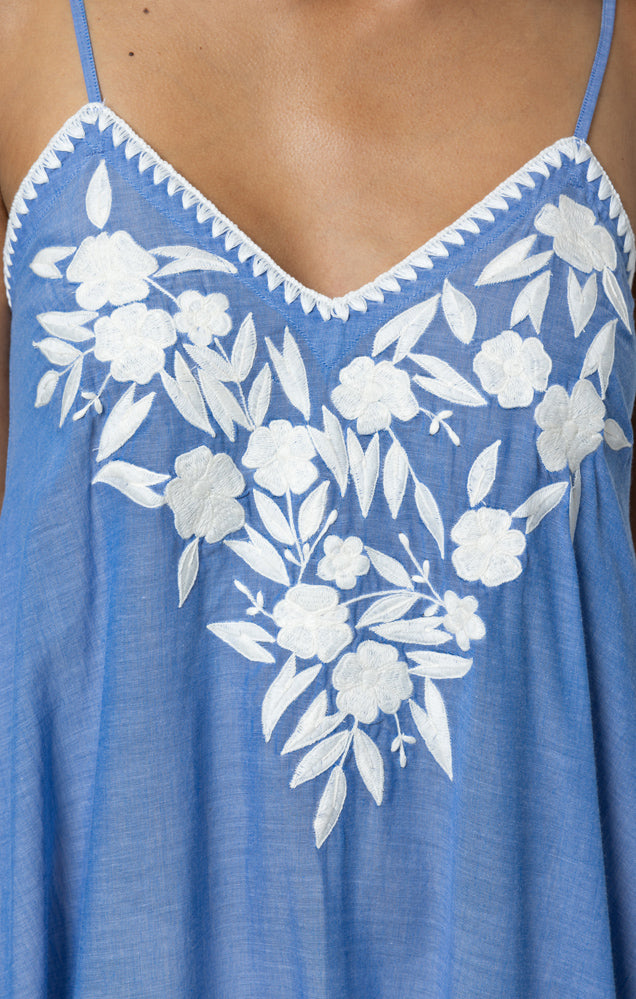 Denim & Cream Floral Embroidered Midi Dress