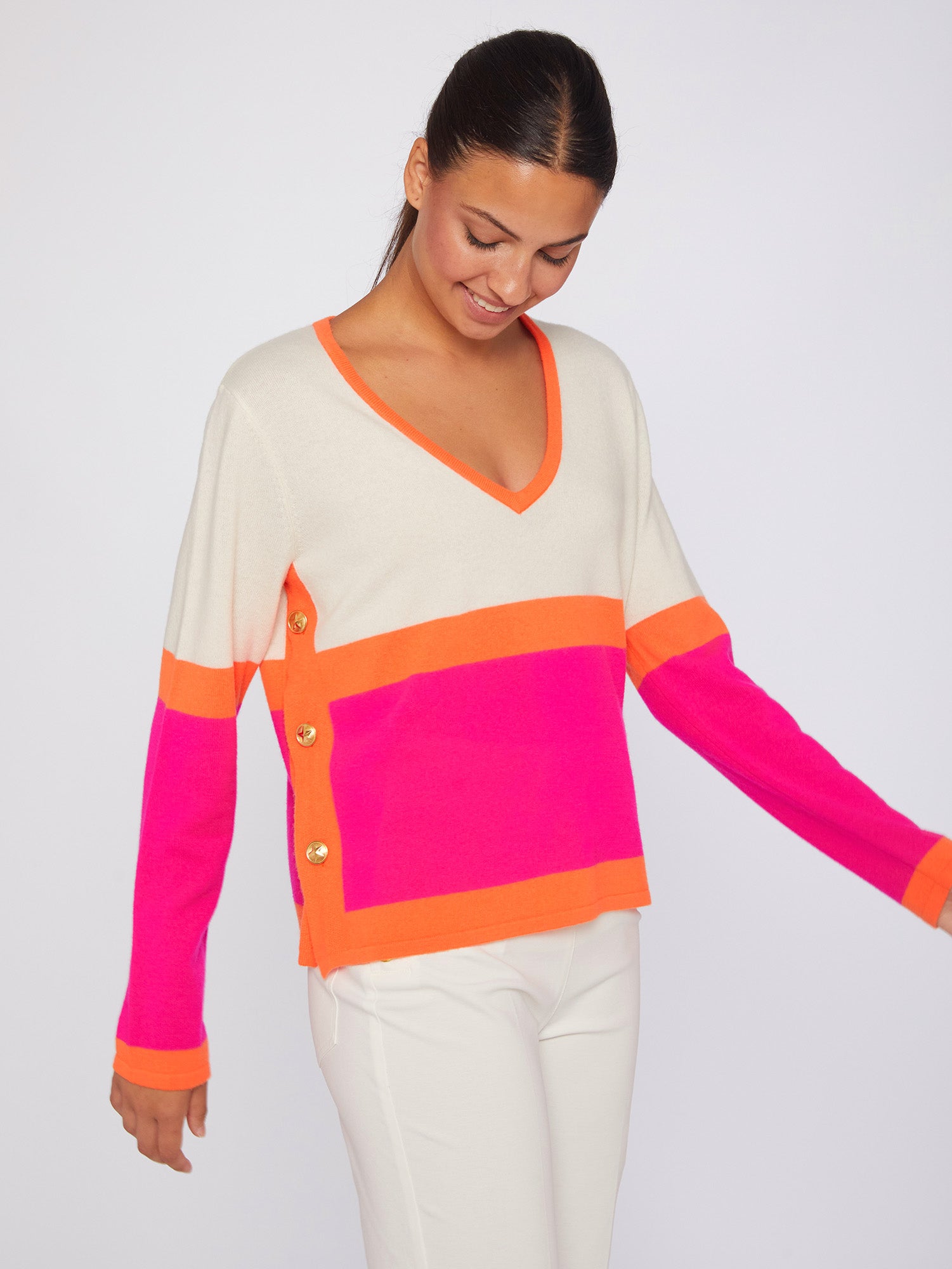 Ecru, Print & Orange Colour Block Sweater