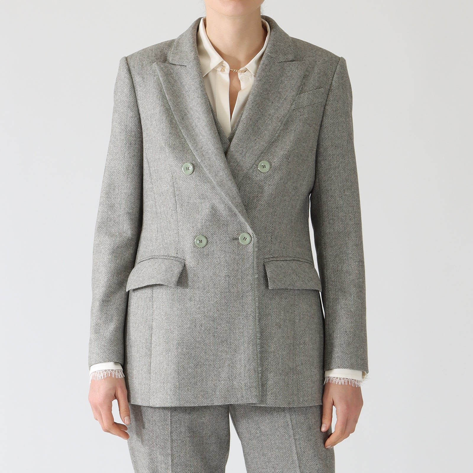 Frozen Sage Herringbone Double Breasted Blazer