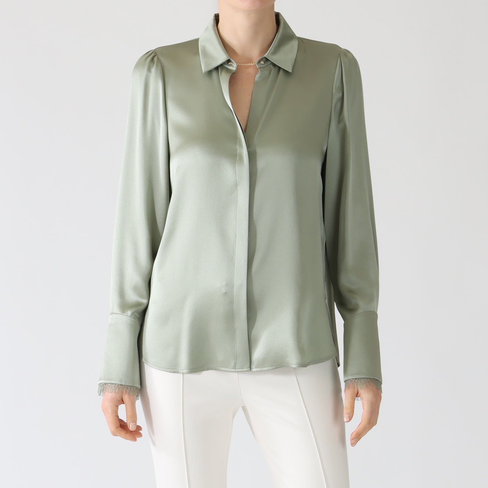 Frozen Sage Silk Blouse With Neck Chain