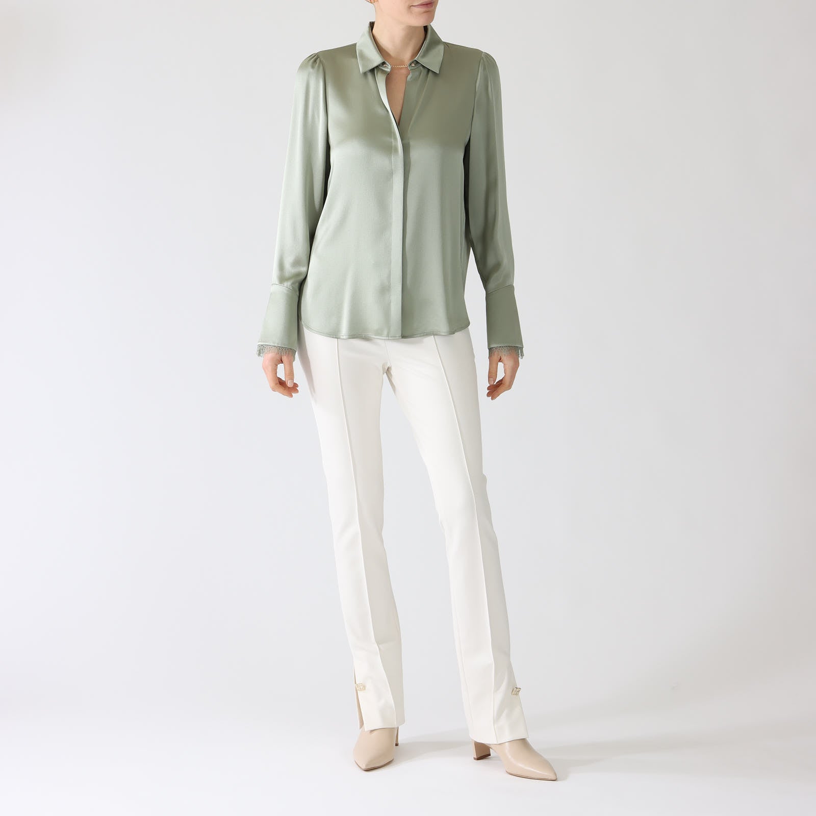 Frozen Sage Silk Blouse With Neck Chain