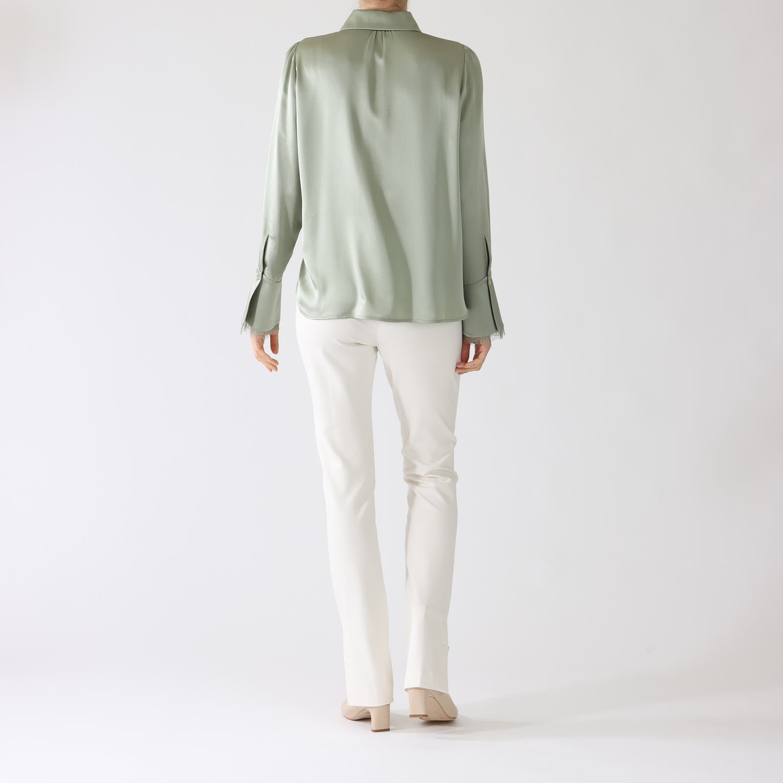 Frozen Sage Silk Blouse With Neck Chain