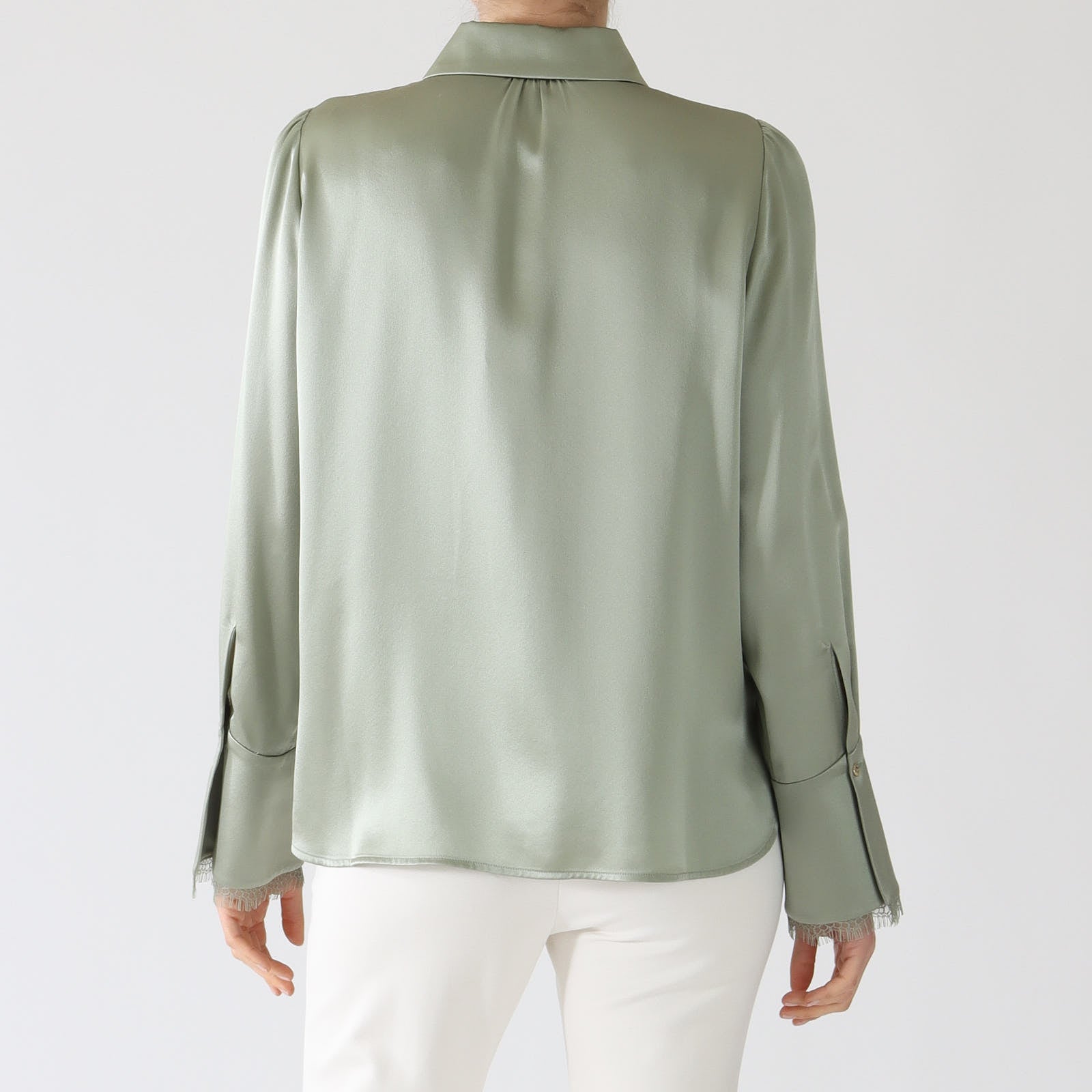 Frozen Sage Silk Blouse With Neck Chain