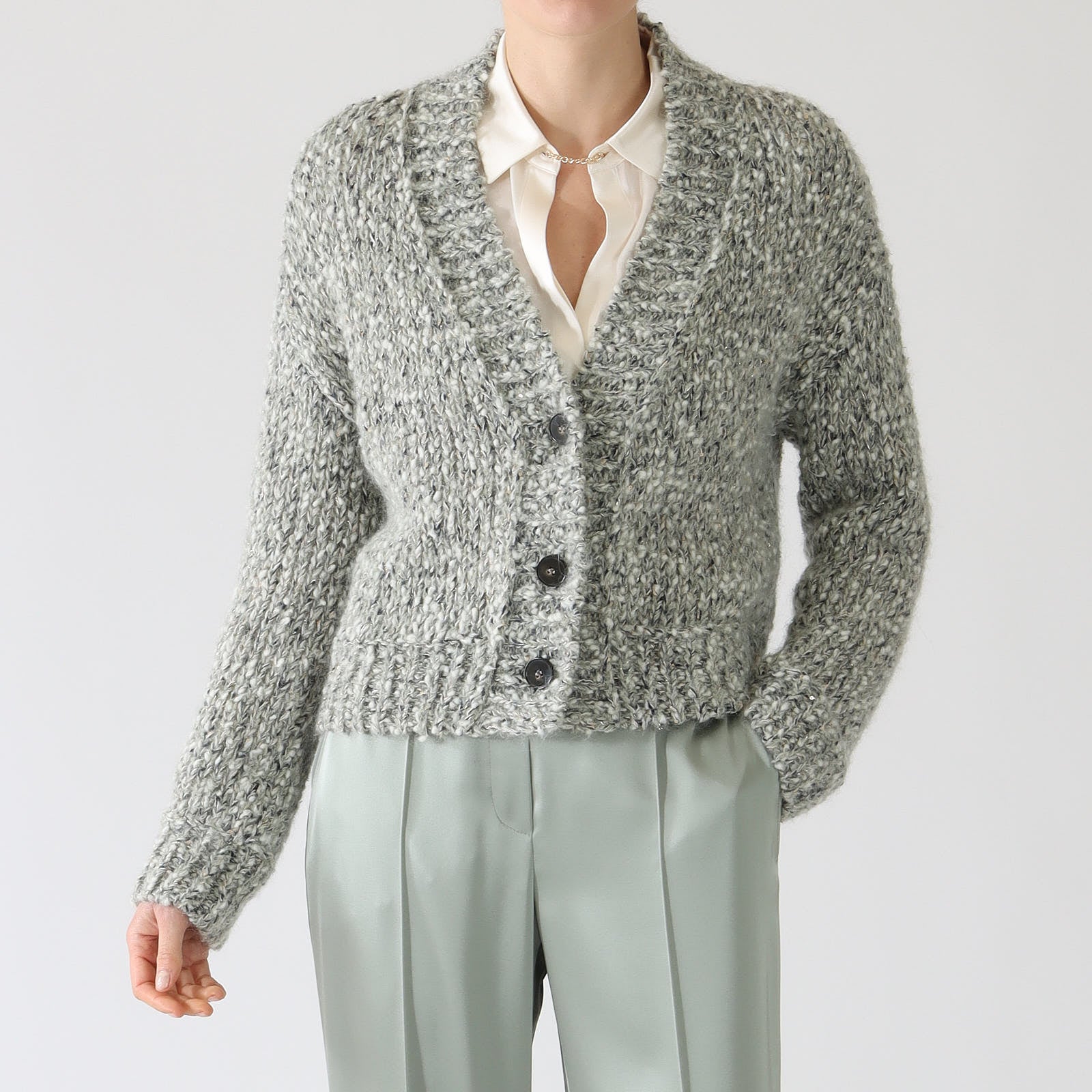 Frozen Sage Woven Wool Blend Cardigan