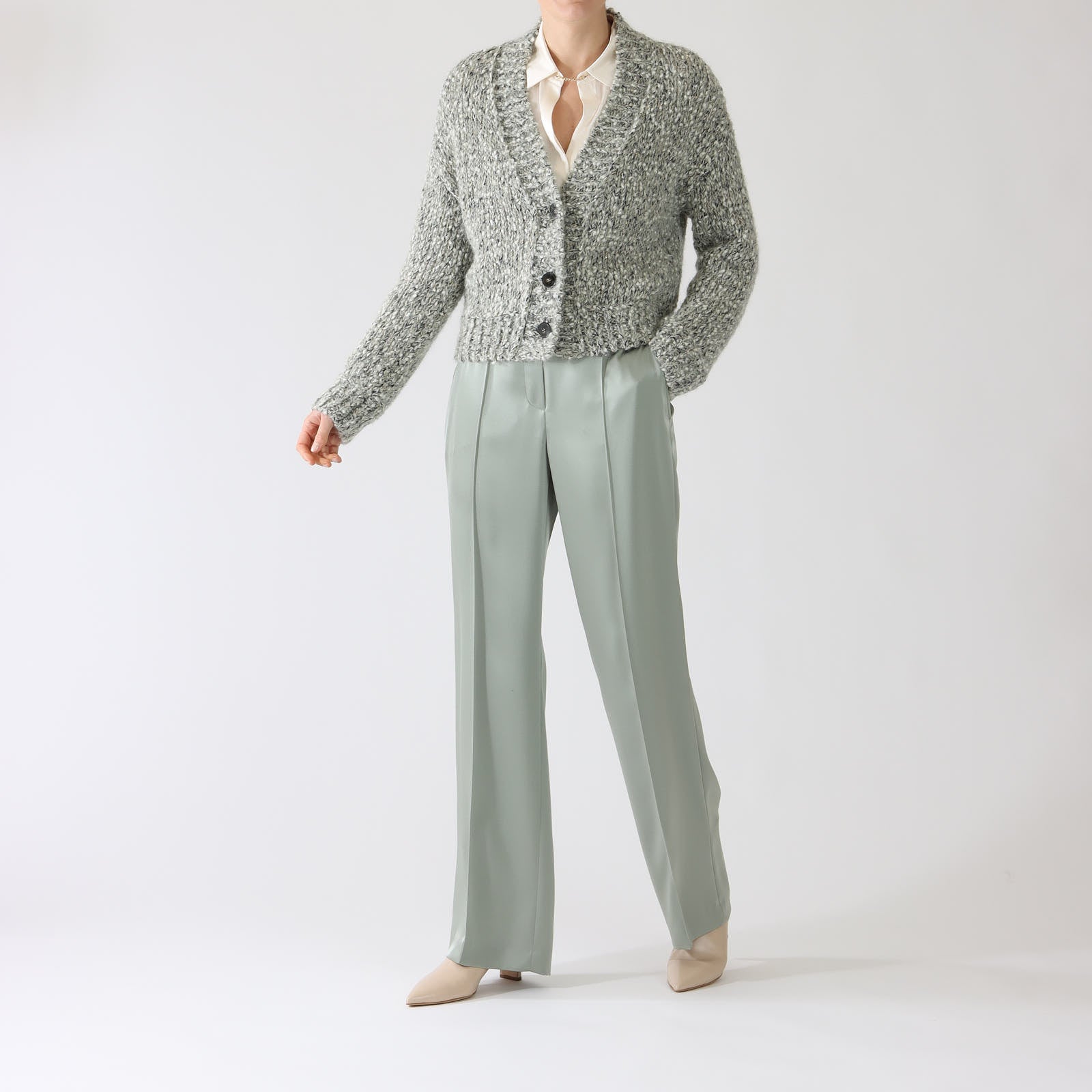 Frozen Sage Woven Wool Blend Cardigan