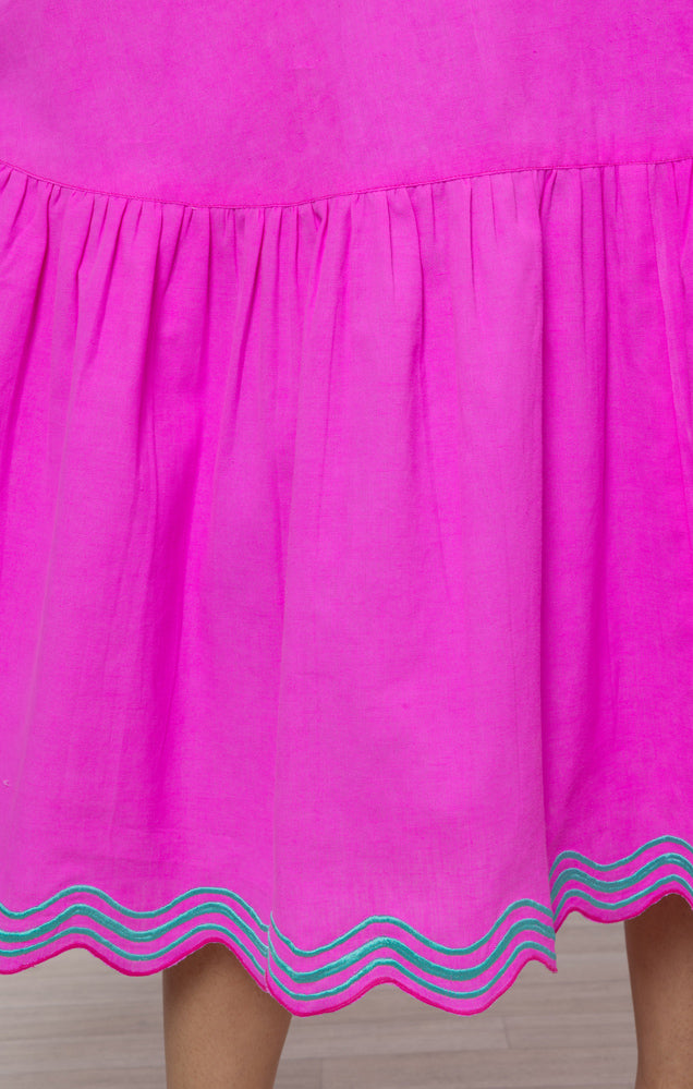 Fuchsia & Aqua Trim Cotton Midi Dress