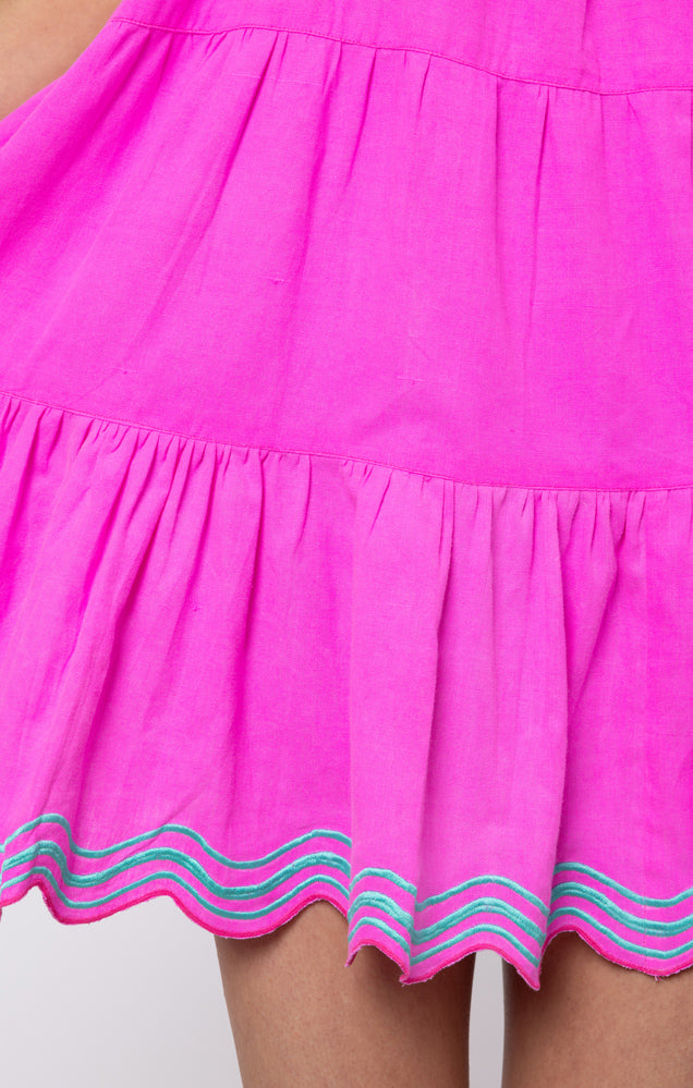 Fuchsia & Aqua Trim Tiered Mini Dress