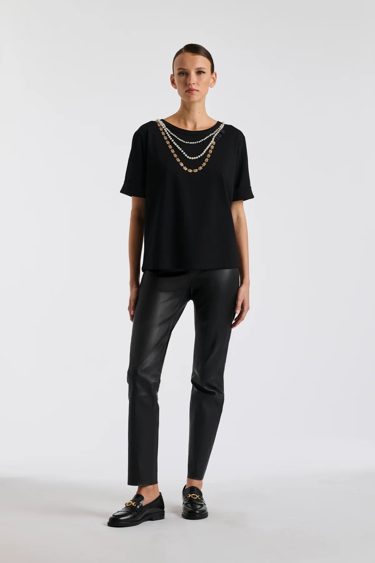 Gaffa Noir T-Shirt With Pearls and Rhinestones