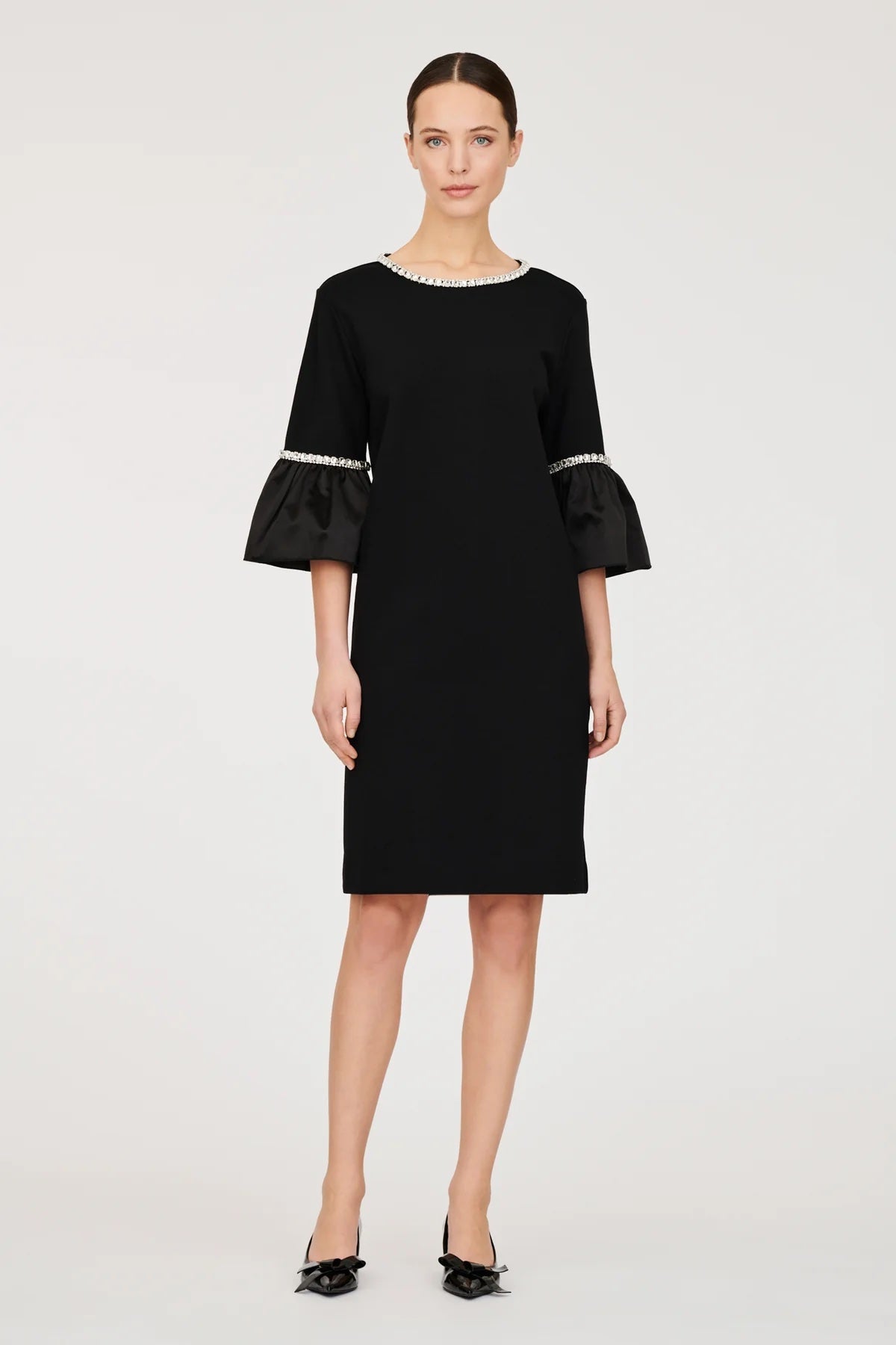 Gala Noir Knee Length Dress With Ruffle Sleeves